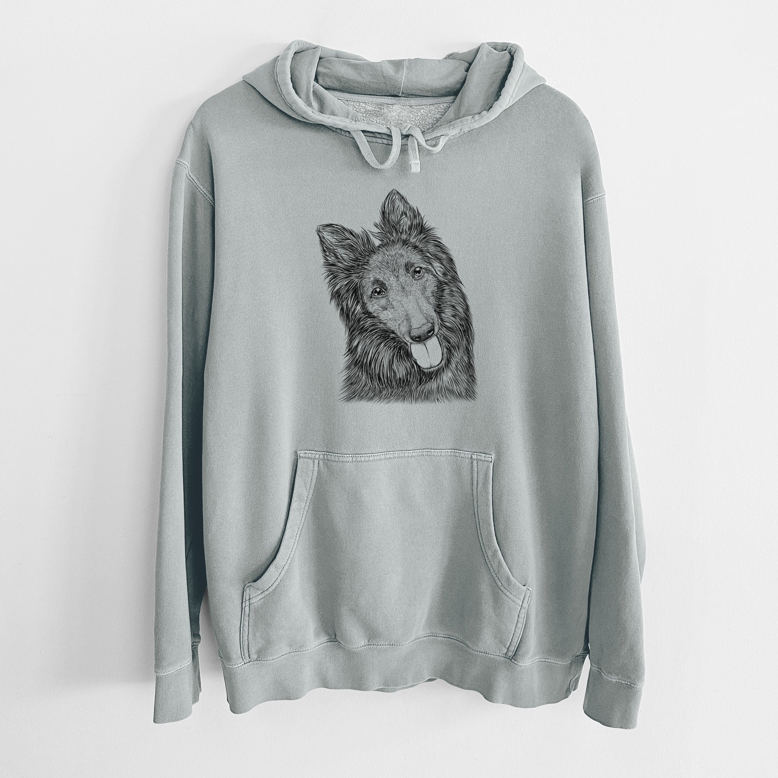 Hand-drawn sketch of Jaxx the Belgian Tervuren on a Sage Unisex pigment dyed hoodie