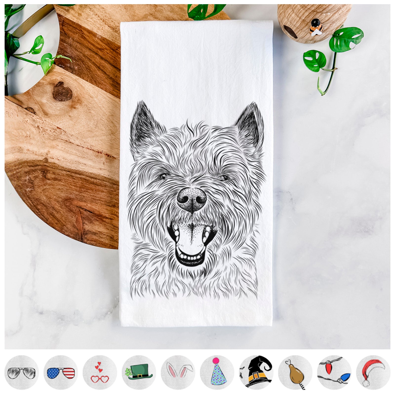 Hand-drawn sketch of Jeff the Cairn Terrier on a tea towel, shown with icons of the other available costume styles