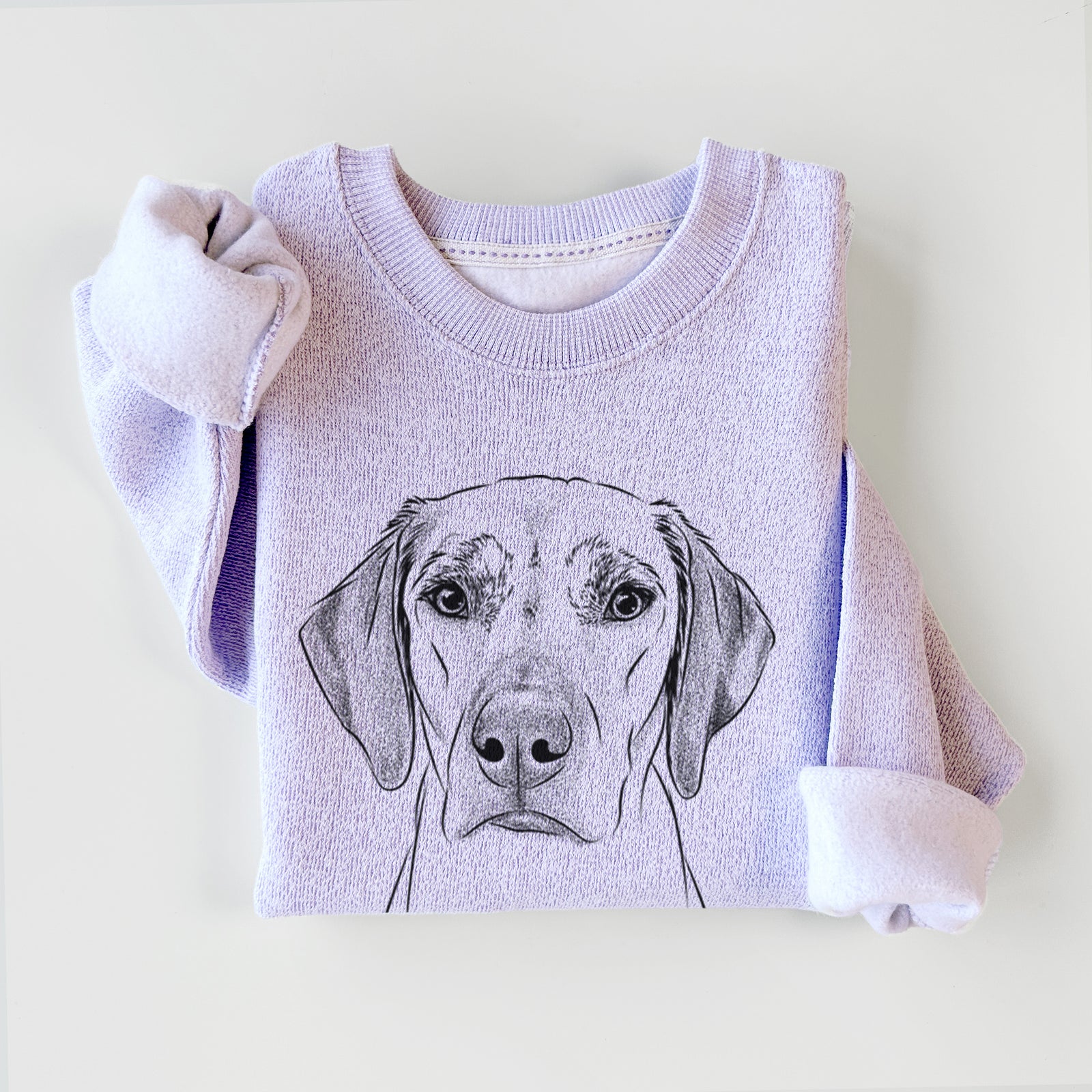 Hand-drawn sketch of Jenga the Rhodesian Ridgeback on an Ice Purple knit sweatshirt