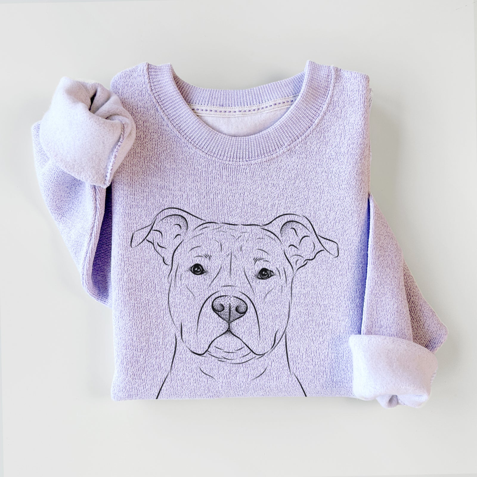 Hand-drawn sketch of Jethro the American Staffordshire Terrier on an Ice Purple knit sweatshirt