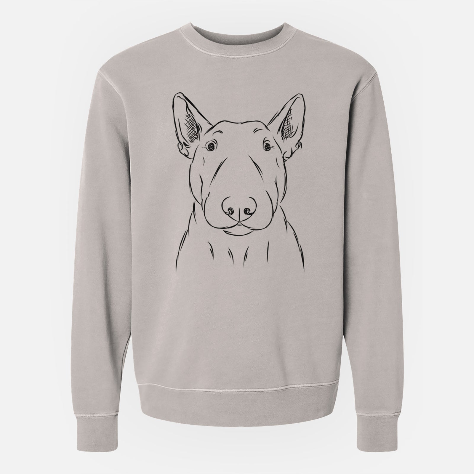 Hand-drawn sketch of Jett the Bull Terrier on a Cement Unisex pigment dyed crew sweatshirt