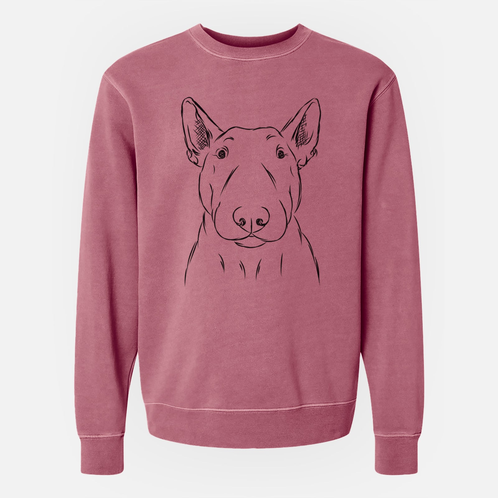 Hand-drawn sketch of Jett the Bull Terrier on a Maroon Unisex pigment dyed crew sweatshirt