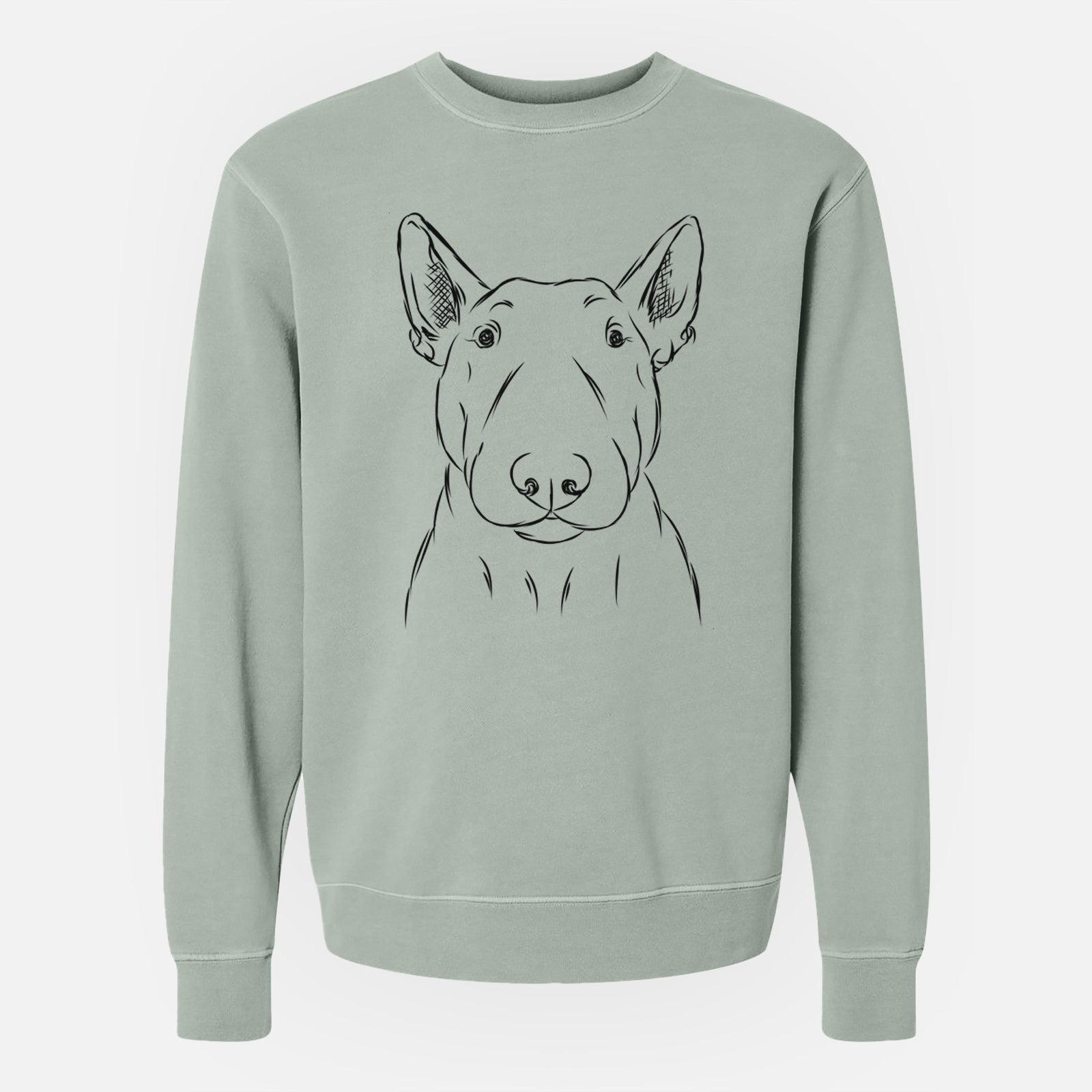 Hand-drawn sketch of Jett the Bull Terrier on a Sage Unisex pigment dyed crew sweatshirt