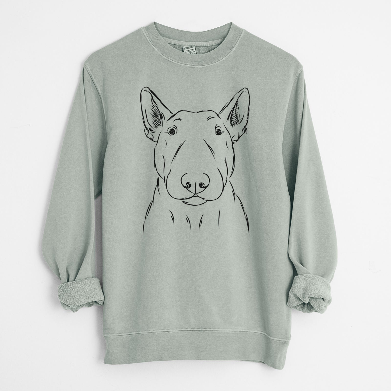 Hand-drawn sketch of Jett the Bull Terrier on a Sage Unisex pigment dyed crew sweatshirt