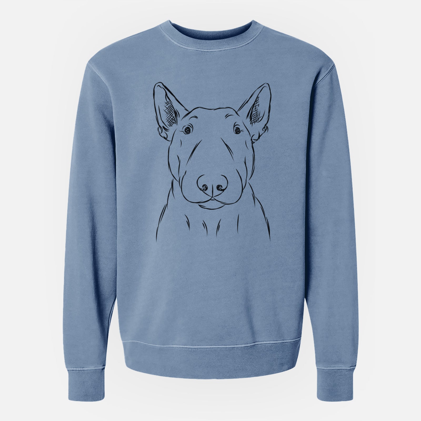 Hand-drawn sketch of Jett the Bull Terrier on a Slate Blue Unisex pigment dyed crew sweatshirt