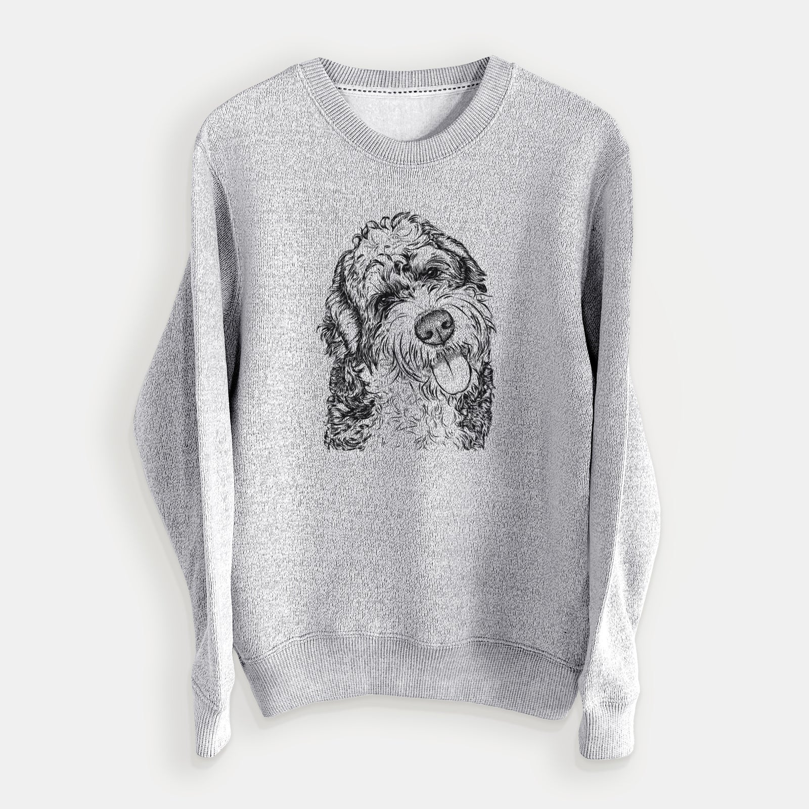 Hand-drawn sketch of Kaci the Bernedoodle on a Salt Pepper knit sweatshirt