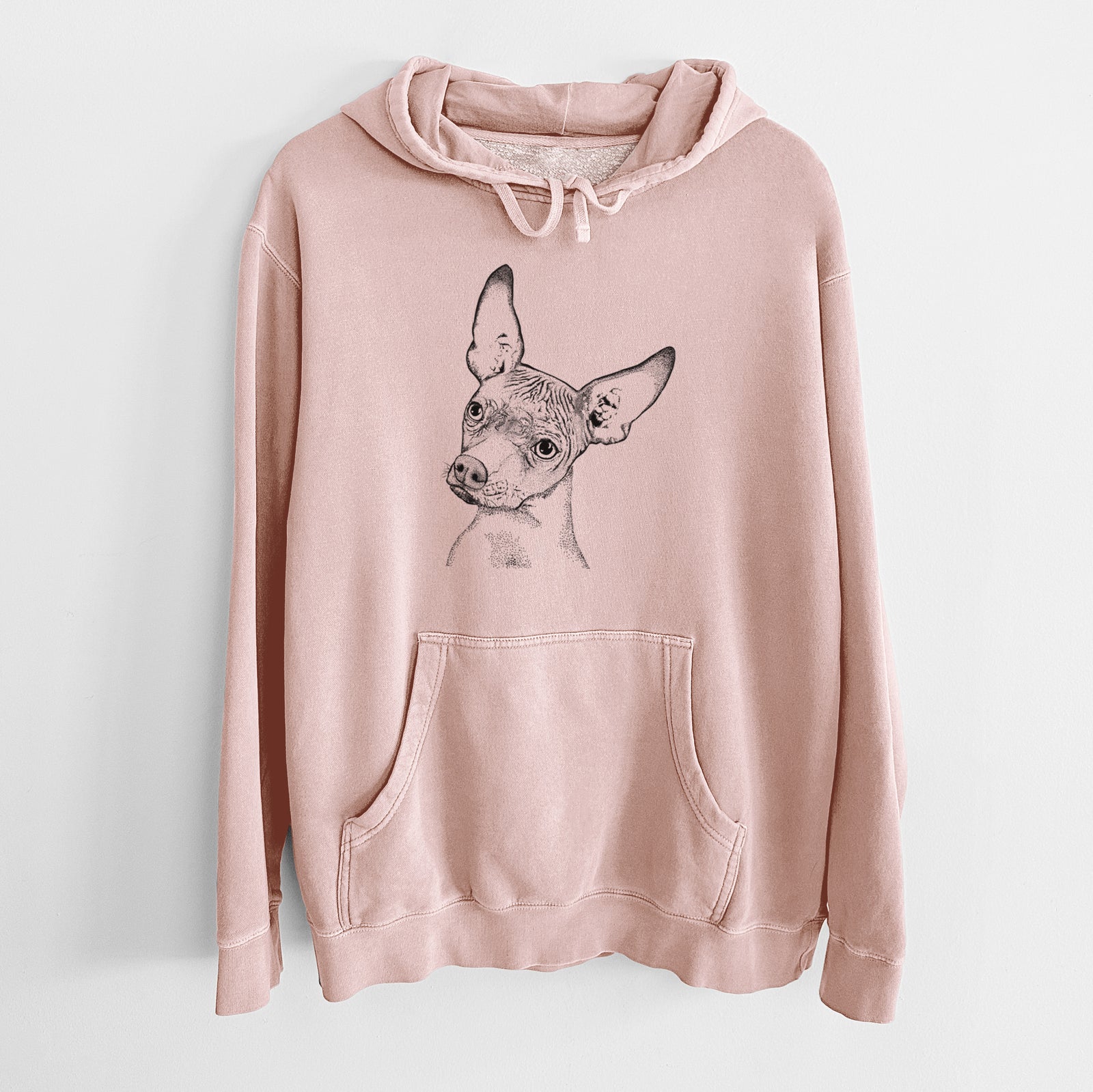Hand-drawn sketch of Kahlo the Xoloitzcuintli on a Dusty Pink Unisex pigment dyed hoodie
