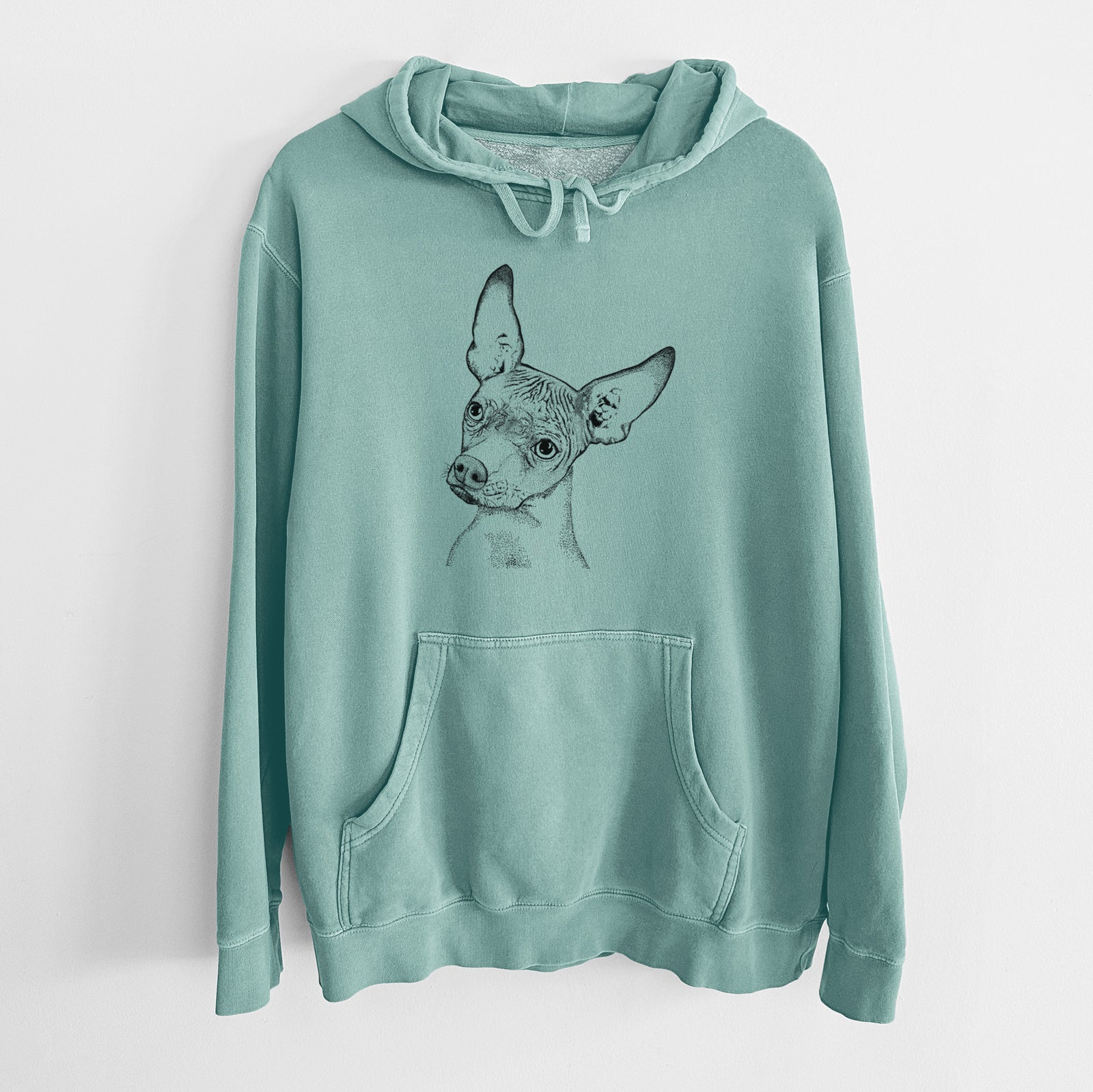 Hand-drawn sketch of Kahlo the Xoloitzcuintli on a Mint Unisex pigment dyed hoodie
