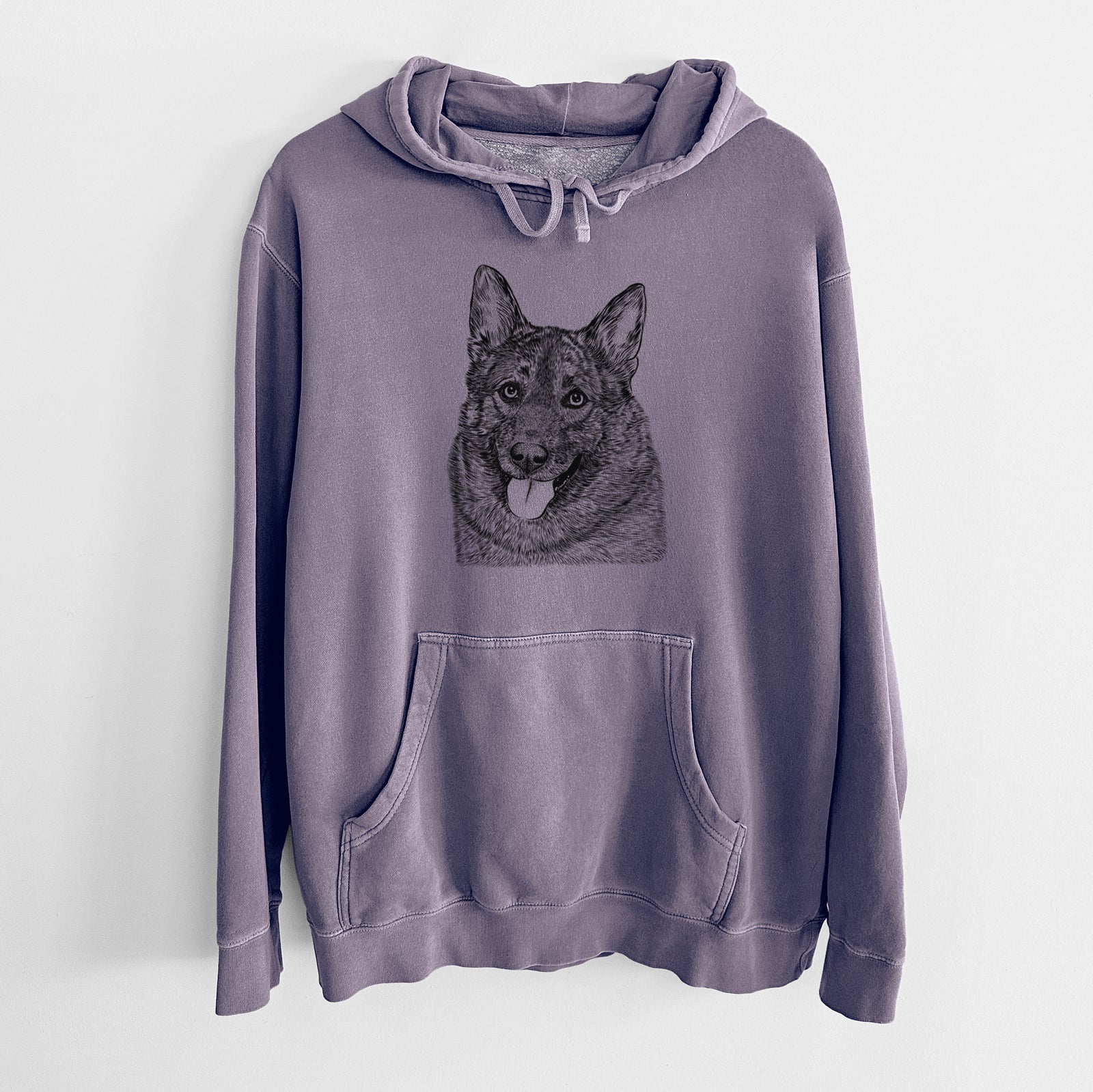 Hand-drawn sketch of Kasia the Norwegian Elkhound on a Plum Unisex pigment dyed hoodie