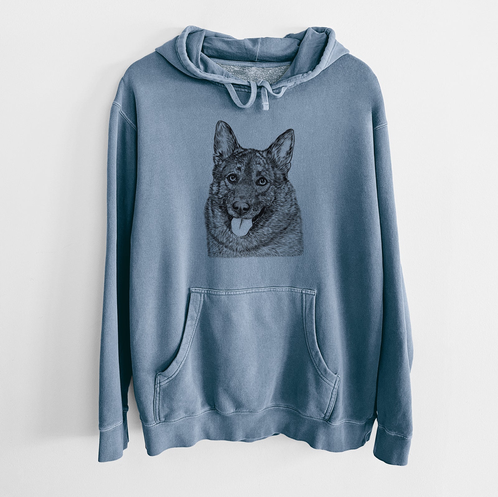 Hand-drawn sketch of Kasia the Norwegian Elkhound on a Slate Blue Unisex pigment dyed hoodie