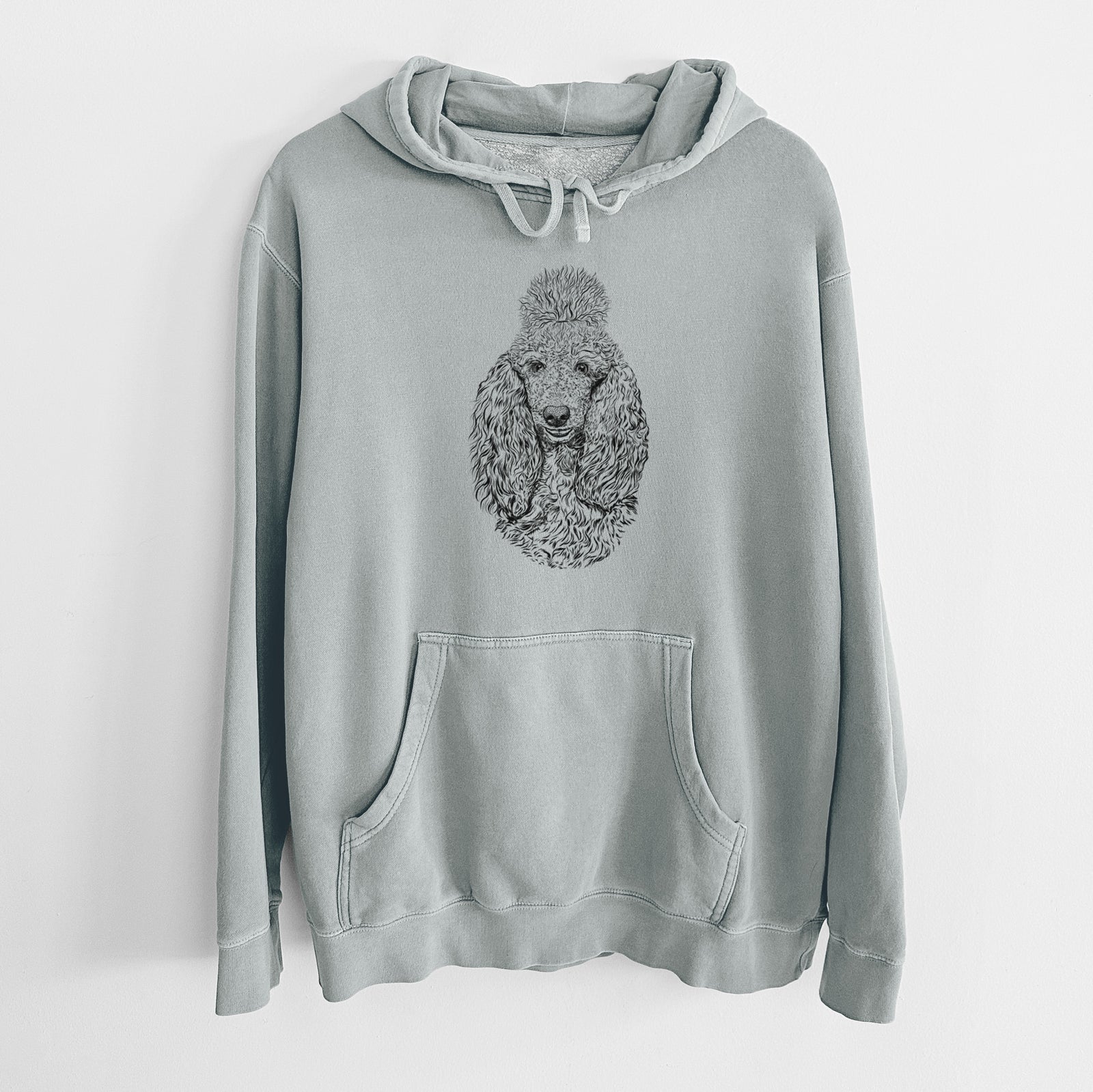 Hand-drawn sketch of Kenna the Standard Poodle on a Sage Unisex pigment dyed hoodie