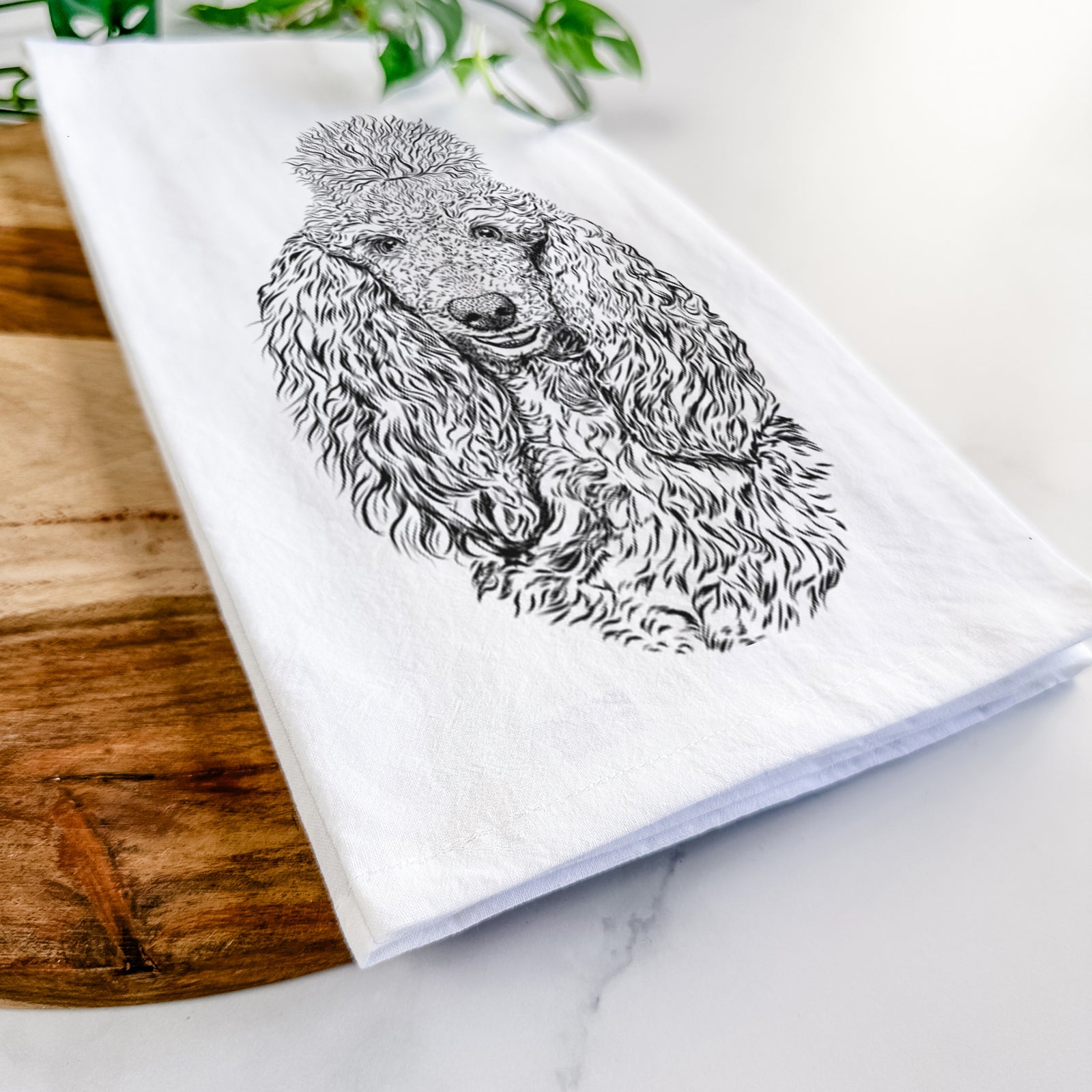 Hand-drawn sketch of Kenna the Standard Poodle on a tea towel