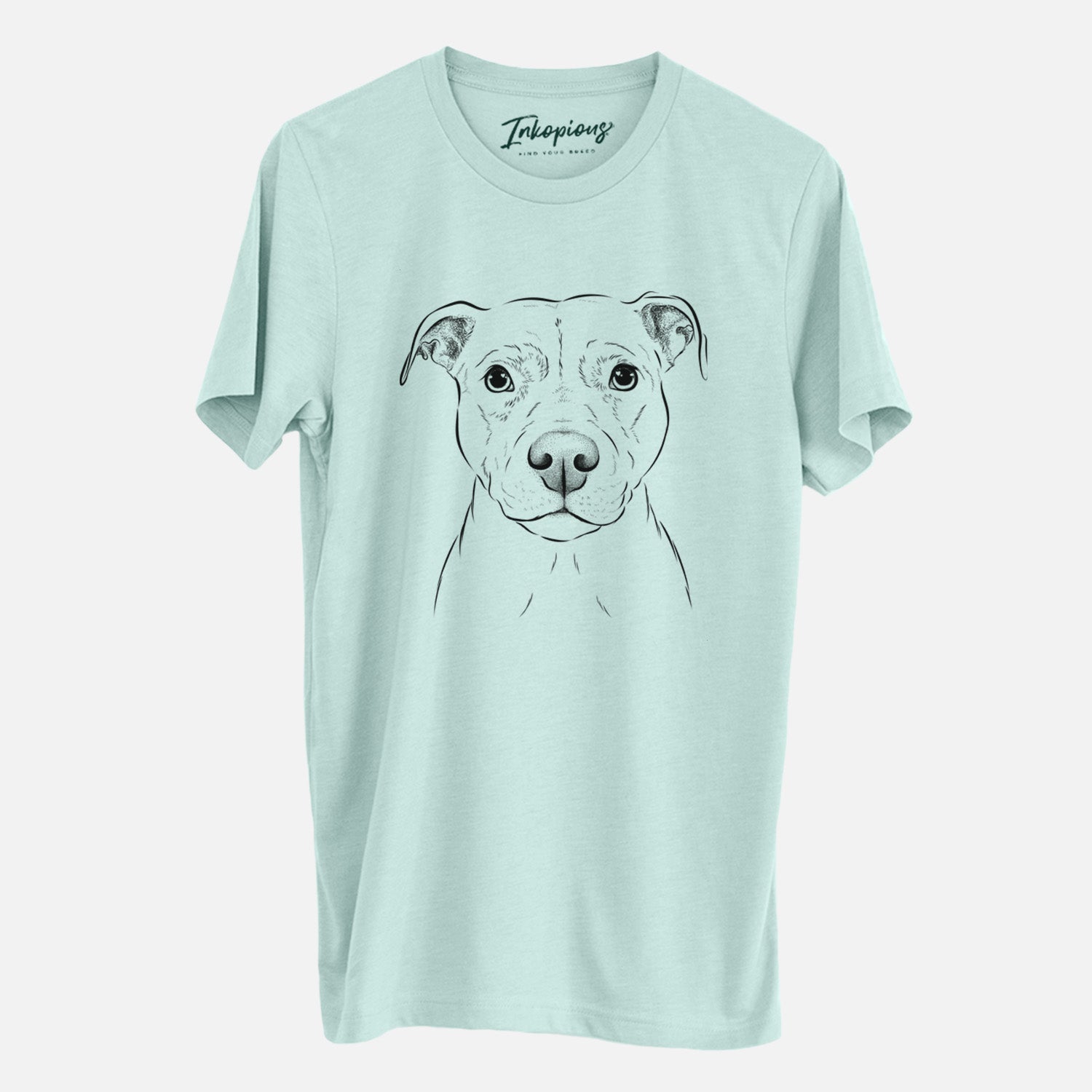 Hand-drawn sketch of Khaleesi the Pitbull on a Heather Sage Unisex crewneck