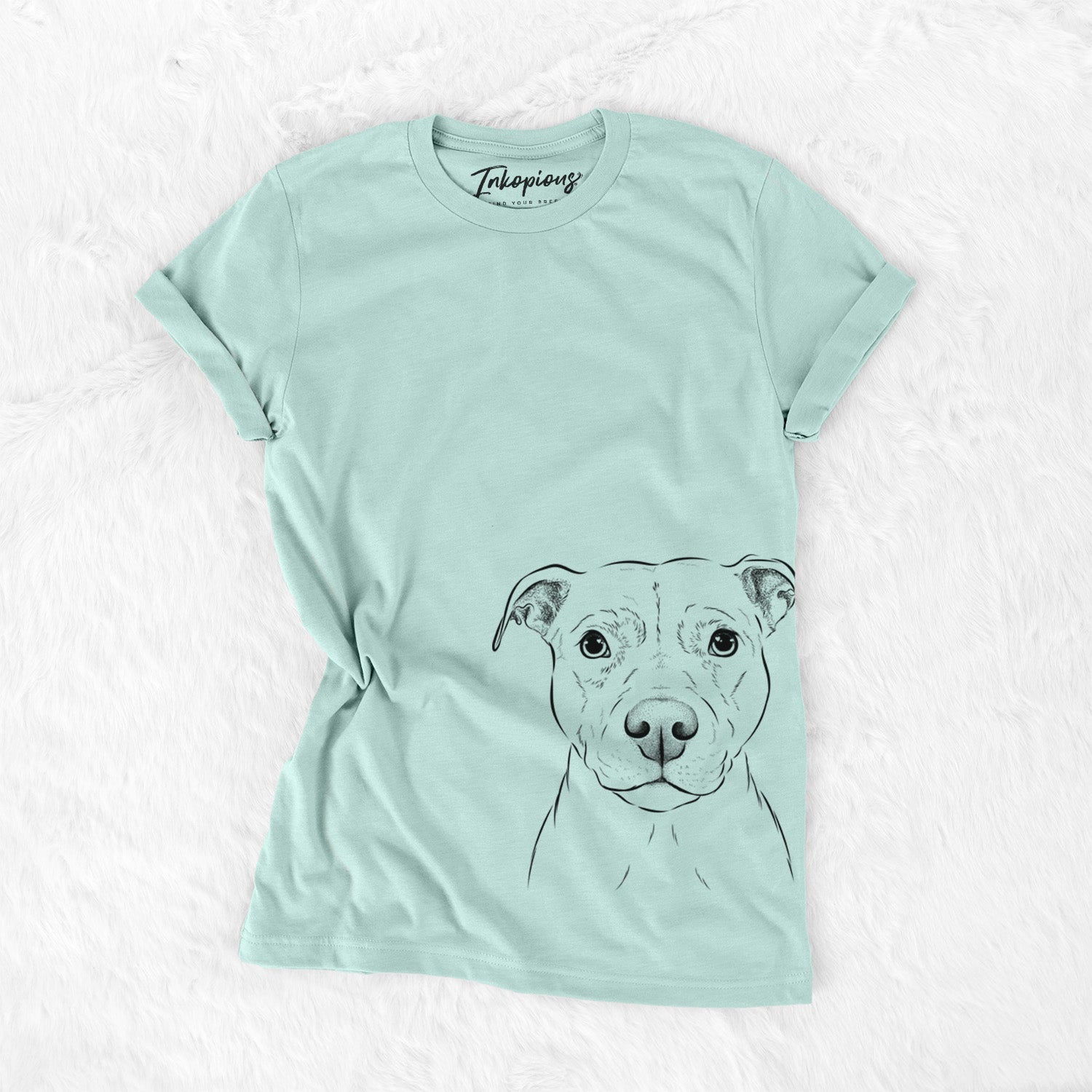Hand-drawn sketch of Khaleesi the Pitbull on a Heather Sage Unisex crewneck