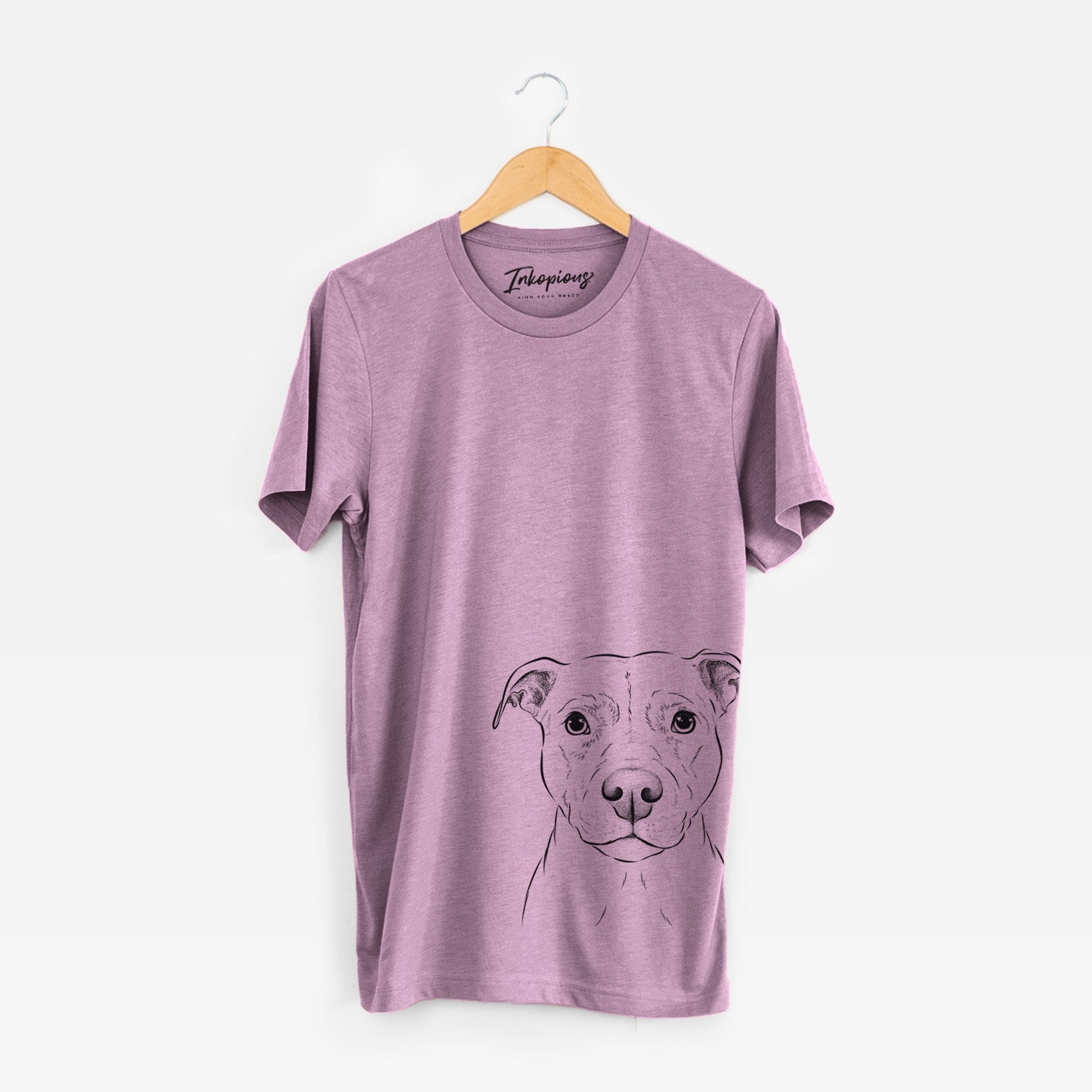 Hand-drawn sketch of Khaleesi the Pitbull on an Orchid Unisex crewneck