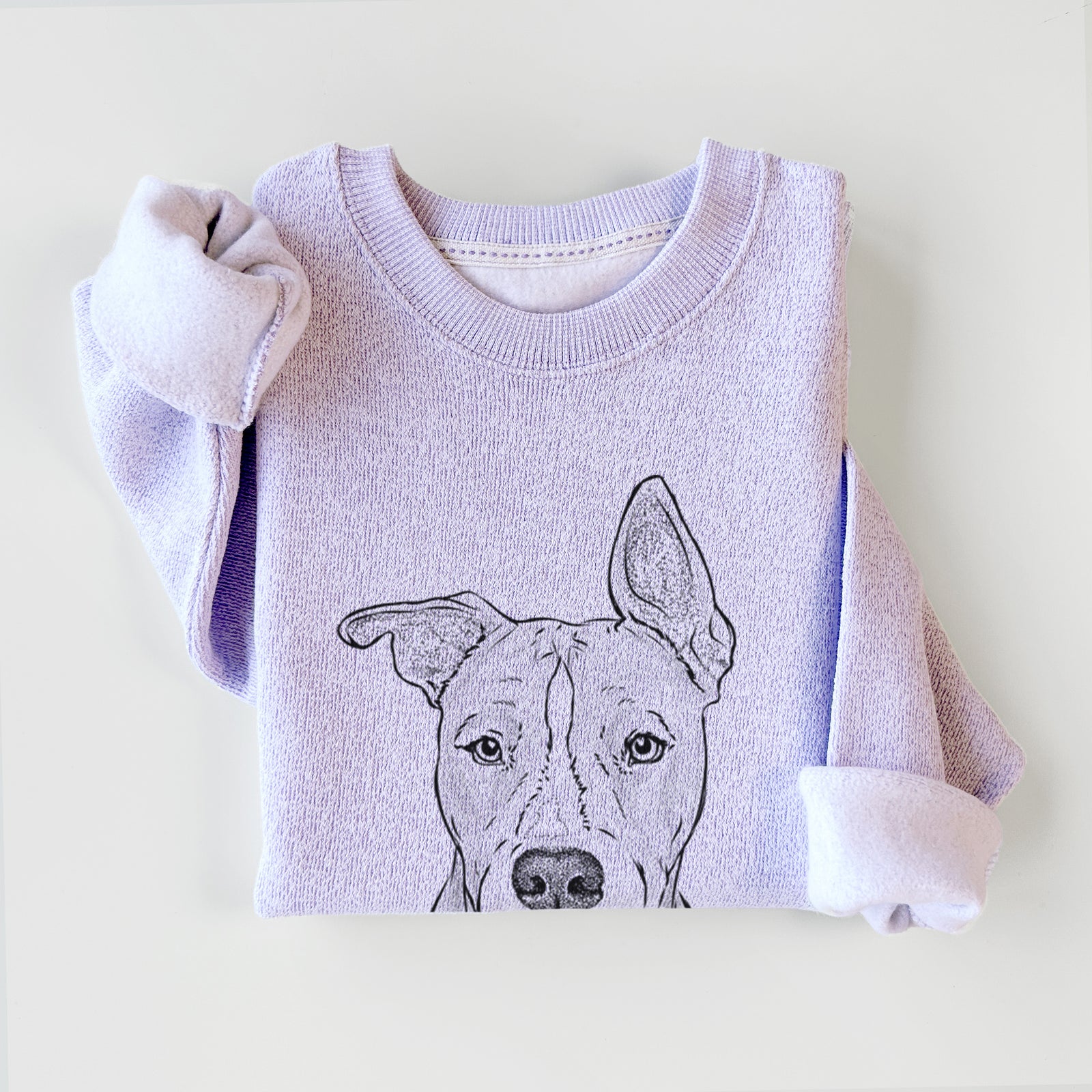 Hand-drawn sketch of Kisses the Pitbull on an Ice Purple knit sweatshirt