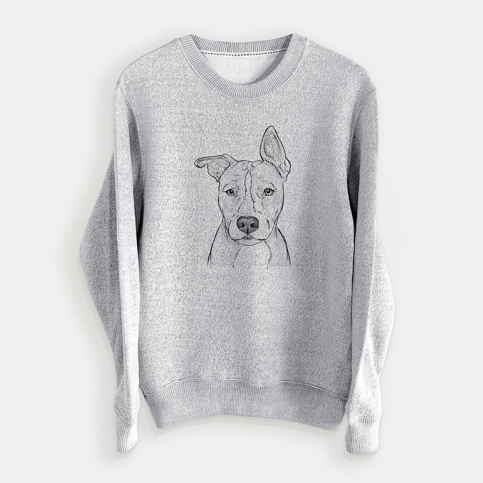 Hand-drawn sketch of Kisses the Pitbull on a Salt Pepper knit sweatshirt