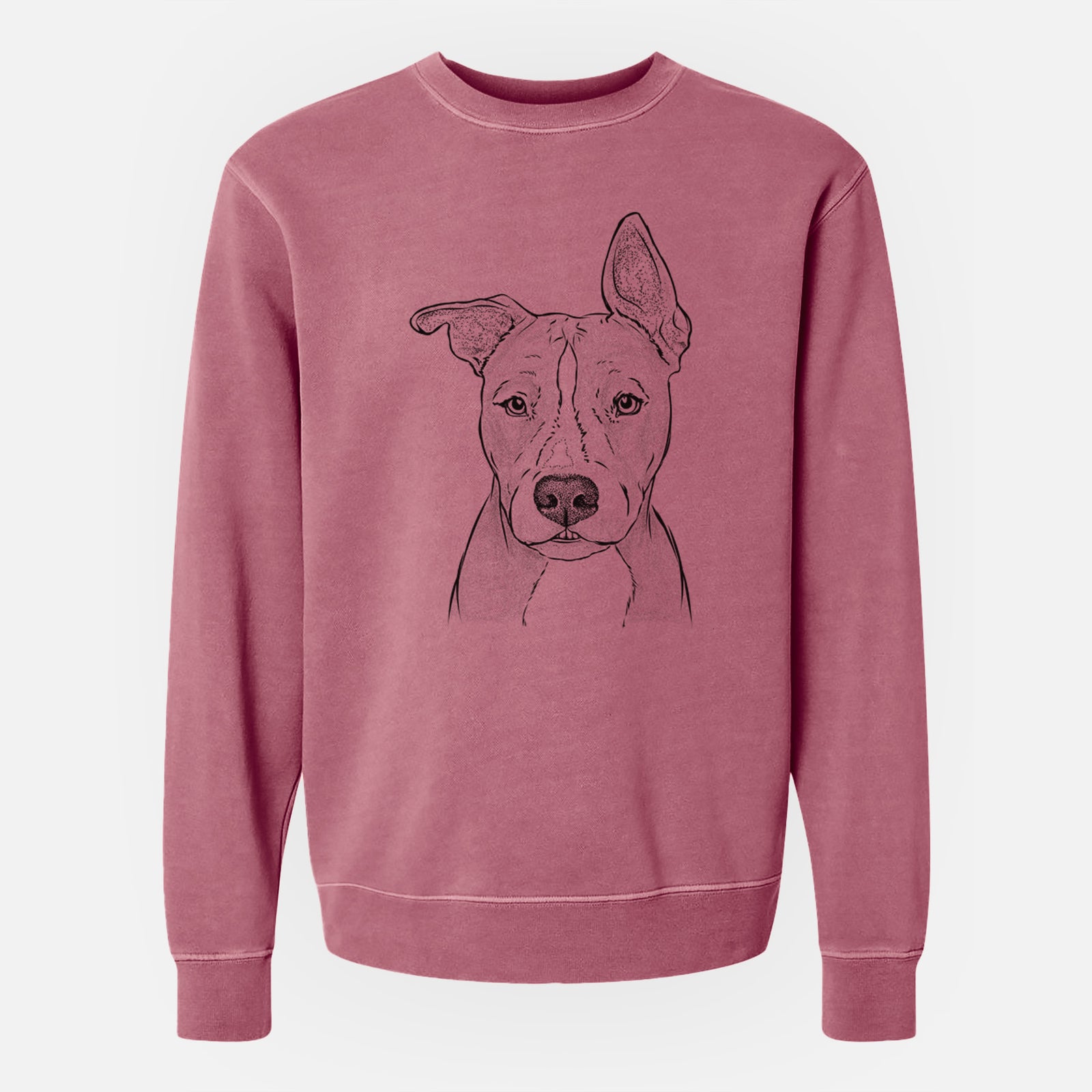 Hand-drawn sketch of Kisses the Pitbull on a Maroon Unisex pigment dyed crew sweatshirt