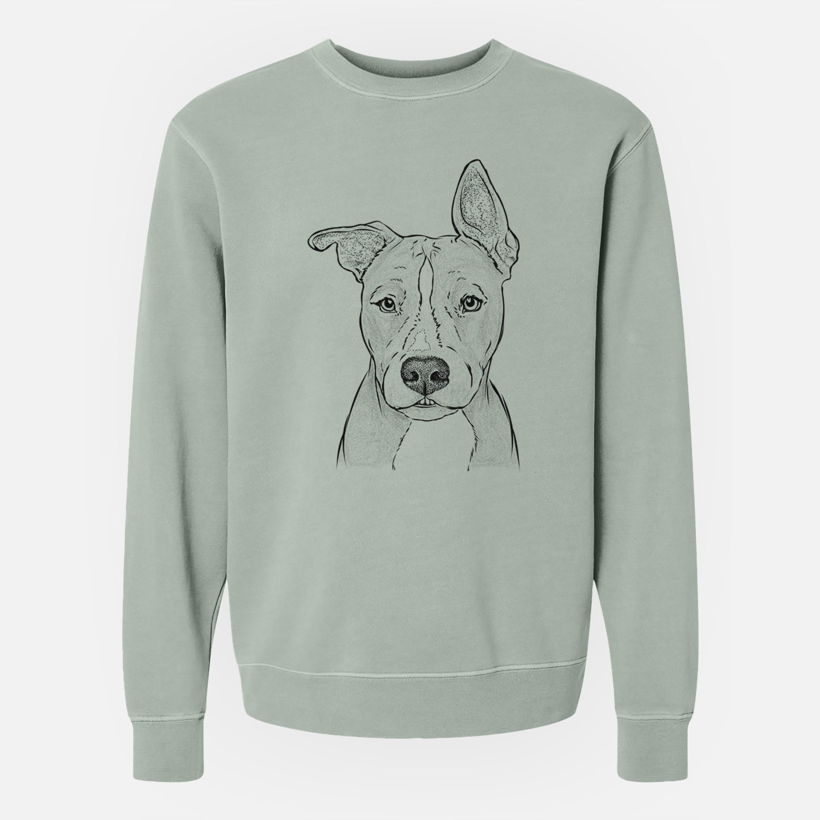 Hand-drawn sketch of Kisses the Pitbull on a Sage Unisex pigment dyed crew sweatshirt