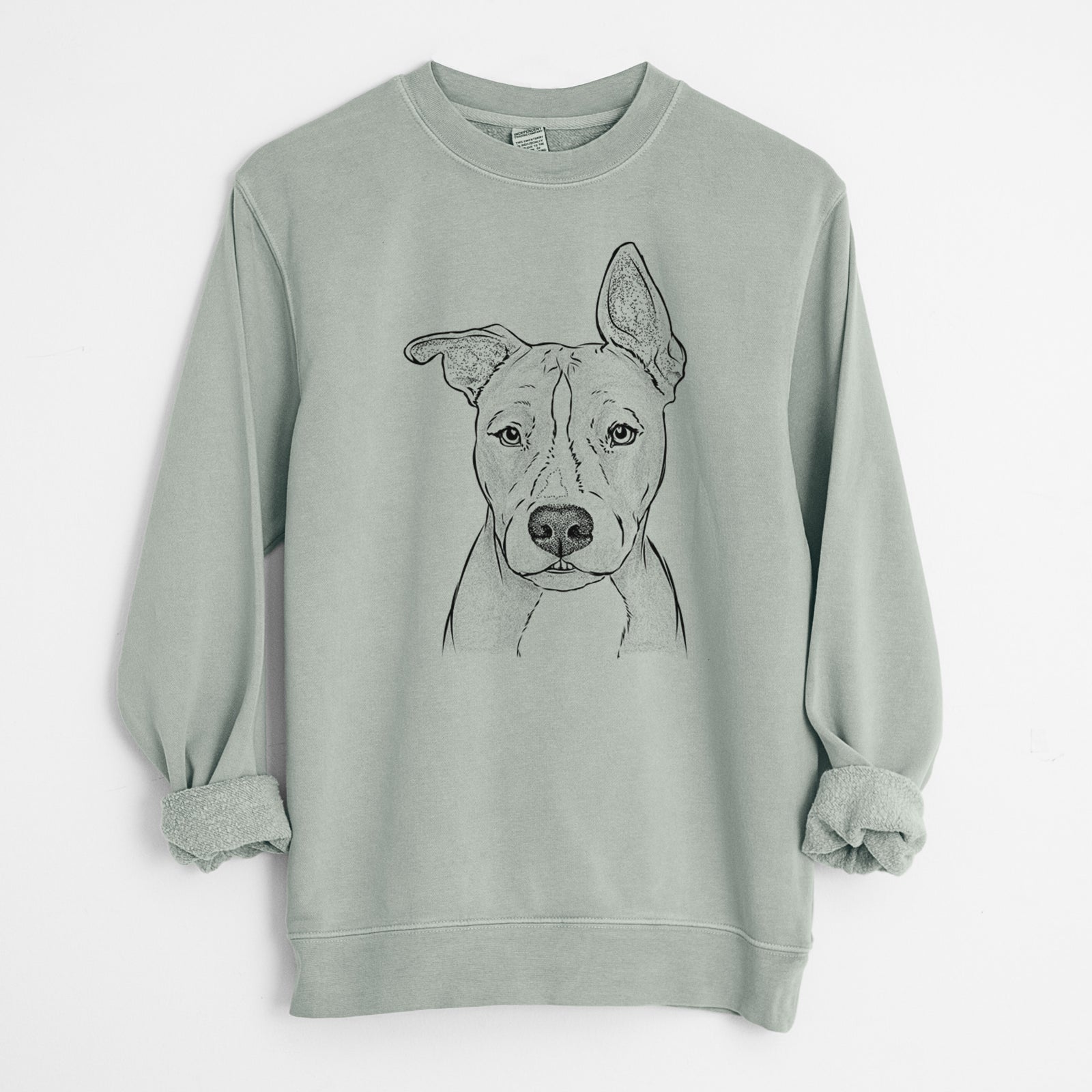 Hand-drawn sketch of Kisses the Pitbull on a Sage Unisex pigment dyed crew sweatshirt