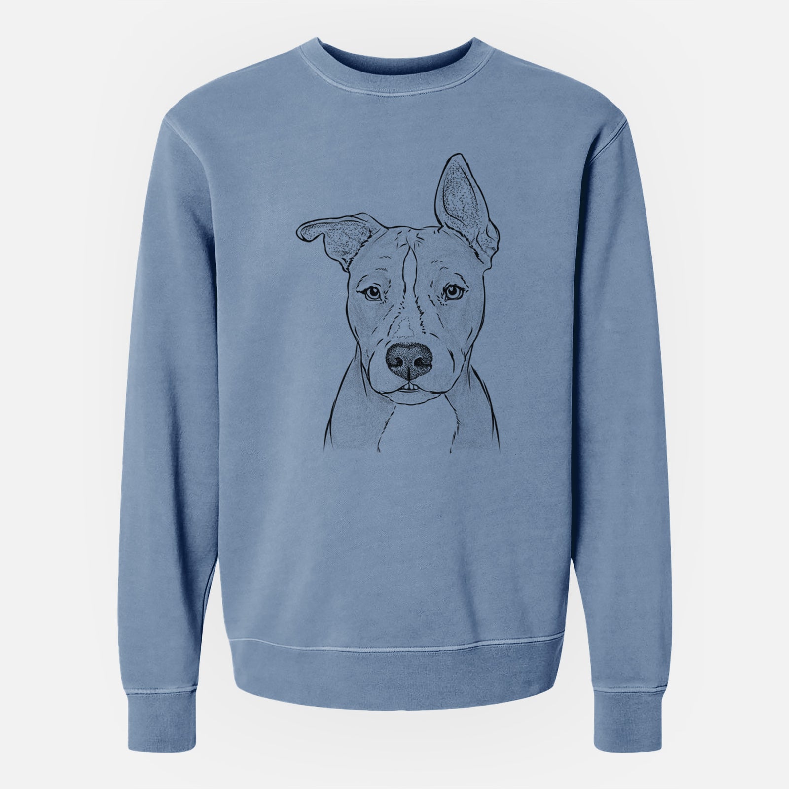 Hand-drawn sketch of Kisses the Pitbull on a Slate Blue Unisex pigment dyed crew sweatshirt