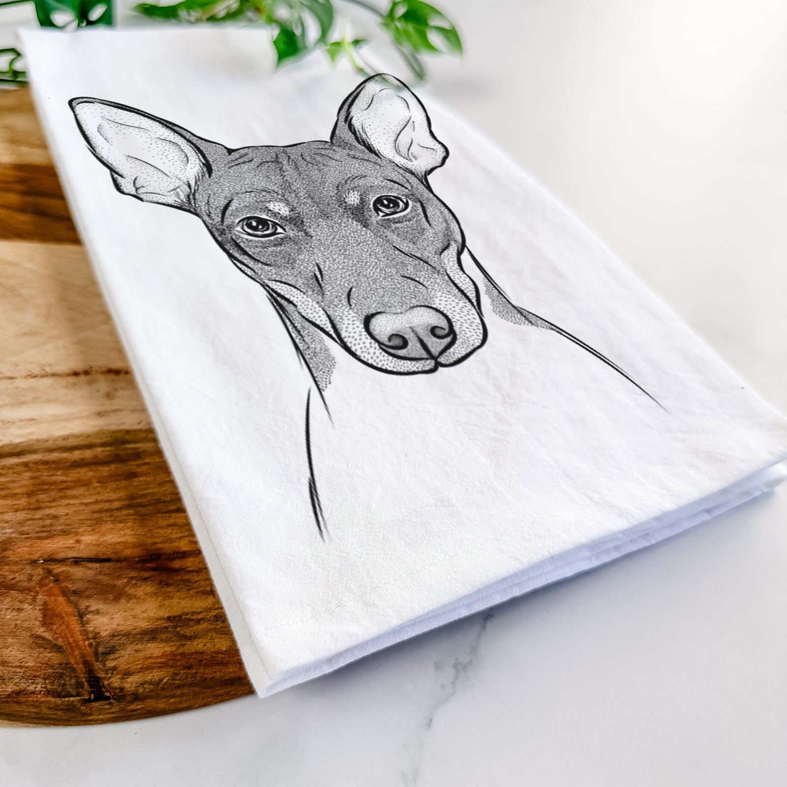 Hand-drawn sketch of Knox the Rat Terrier on a tea towel