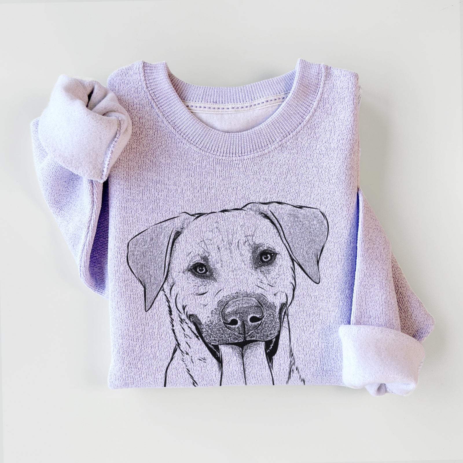 Hand-drawn sketch of Koda the Black Mouth Cur on an Ice Purple knit sweatshirt