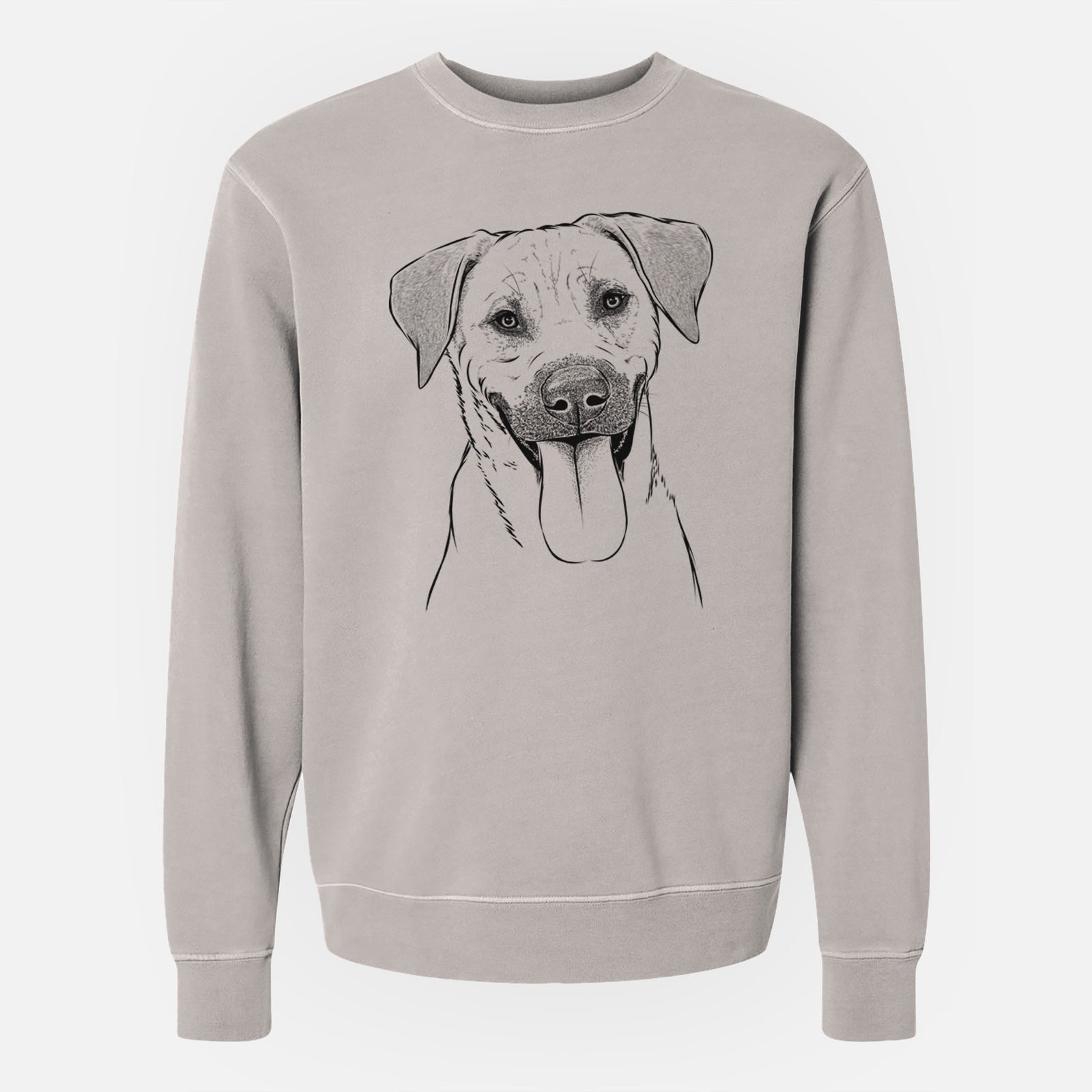 Hand-drawn sketch of Koda the Black Mouth Cur on a Cement Unisex pigment dyed crew sweatshirt