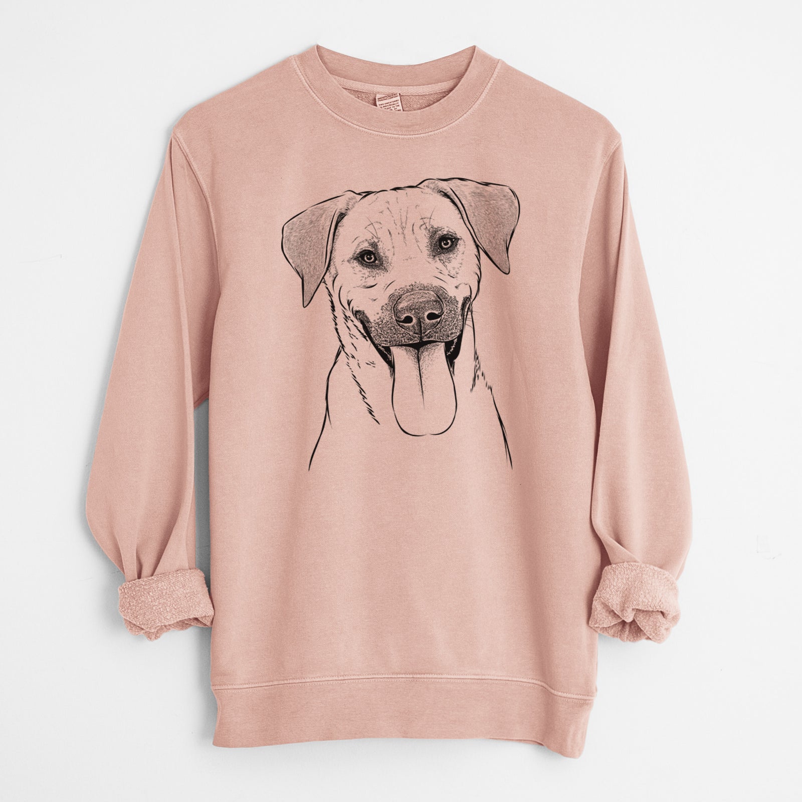 Hand-drawn sketch of Koda the Black Mouth Cur on a Dusty Pink Unisex pigment dyed crew sweatshirt