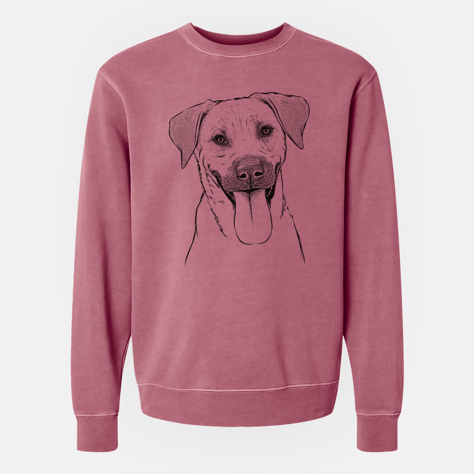 Hand-drawn sketch of Koda the Black Mouth Cur on a Maroon Unisex pigment dyed crew sweatshirt