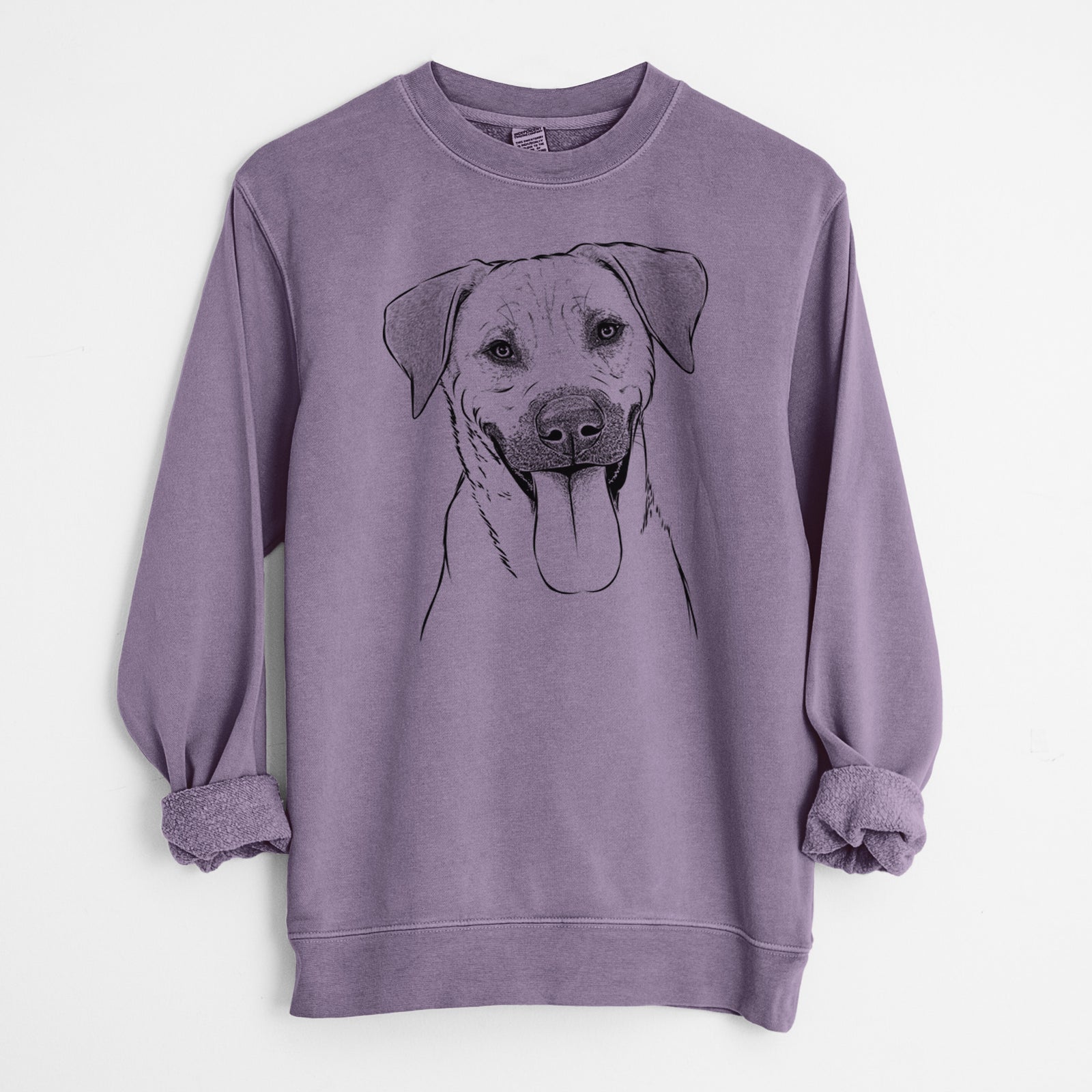 Hand-drawn sketch of Koda the Black Mouth Cur on a Plum Unisex pigment dyed crew sweatshirt