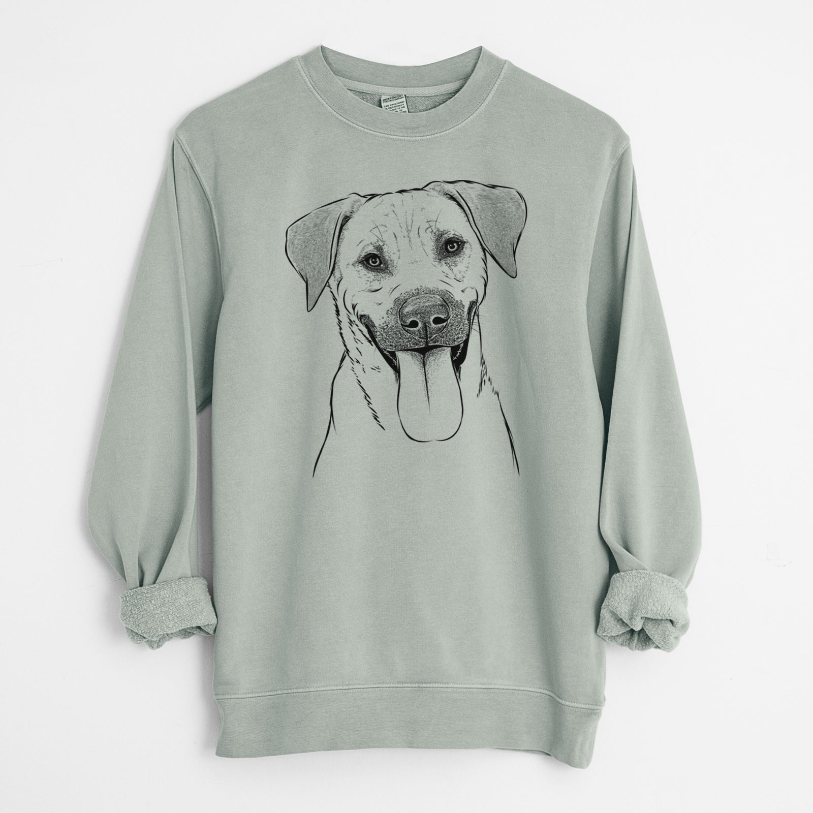 Hand-drawn sketch of Koda the Black Mouth Cur on a Sage Unisex pigment dyed crew sweatshirt