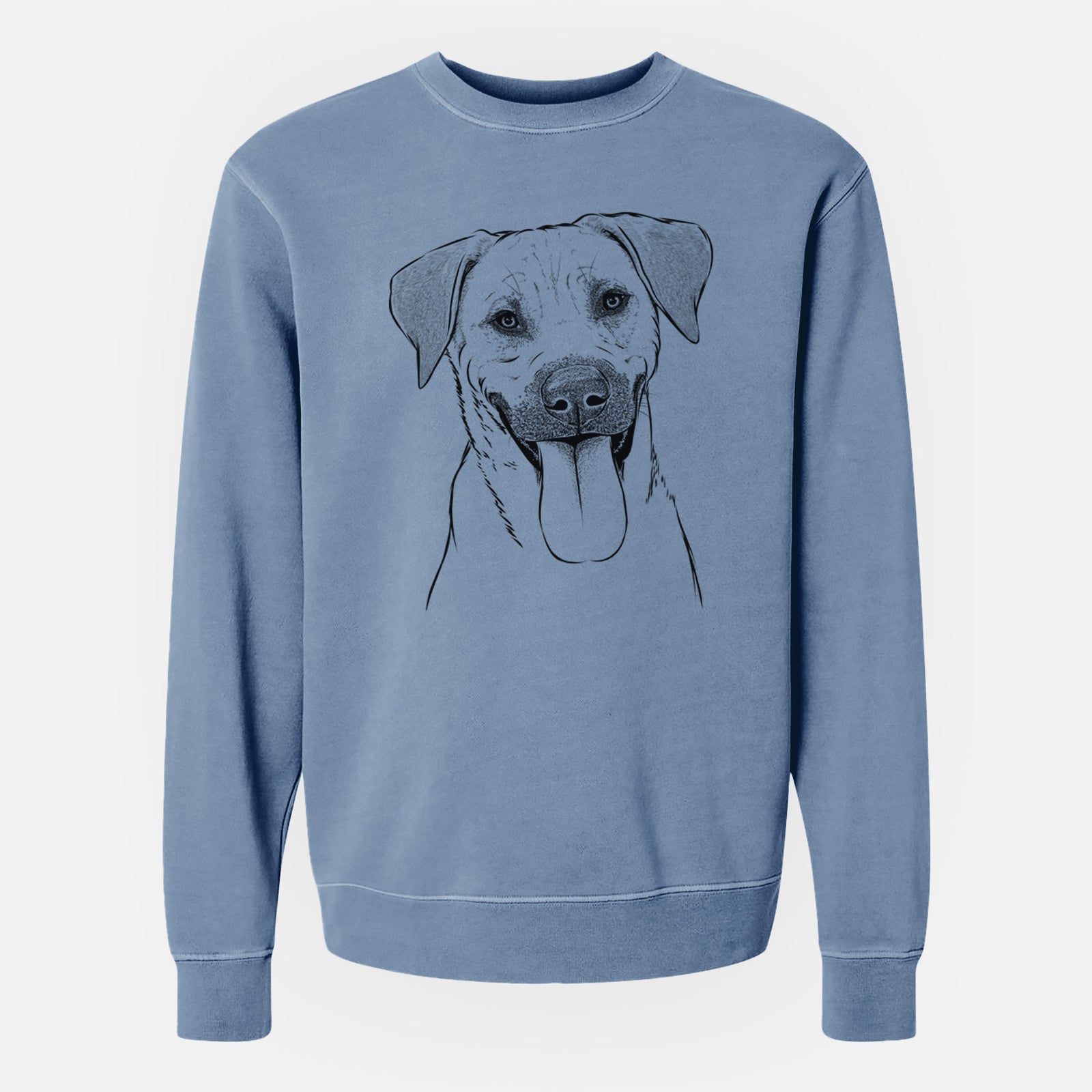 Hand-drawn sketch of Koda the Black Mouth Cur on a Slate Blue Unisex pigment dyed crew sweatshirt
