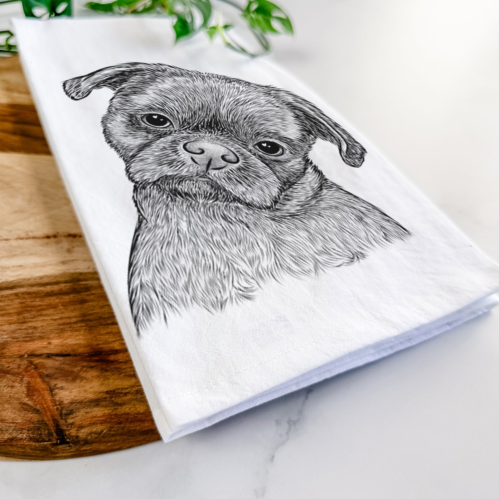 Hand-drawn sketch of Koko the Shih Tzu on a tea towel