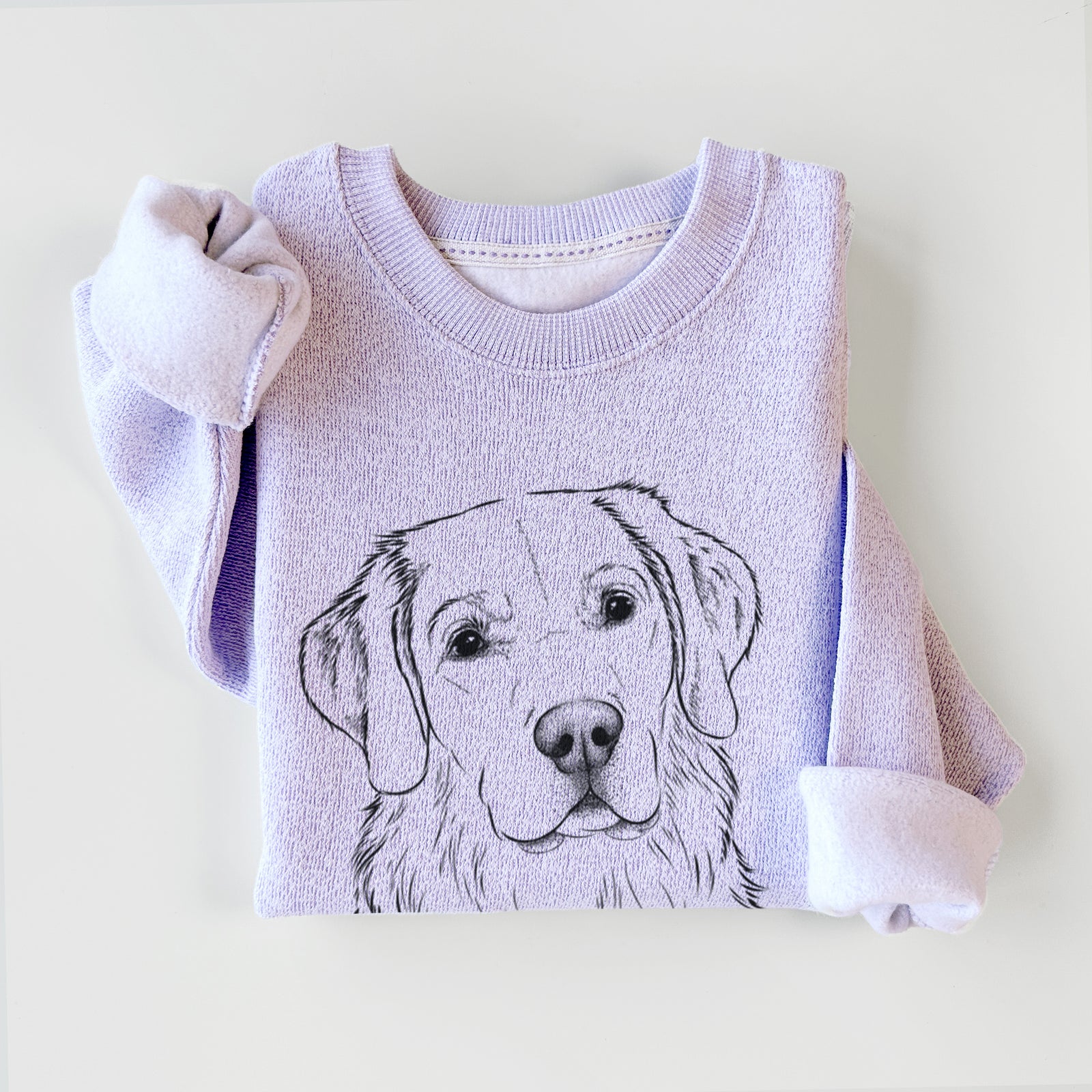 Hand-drawn sketch of Kula the Golden Retriever on an Ice Purple knit sweatshirt