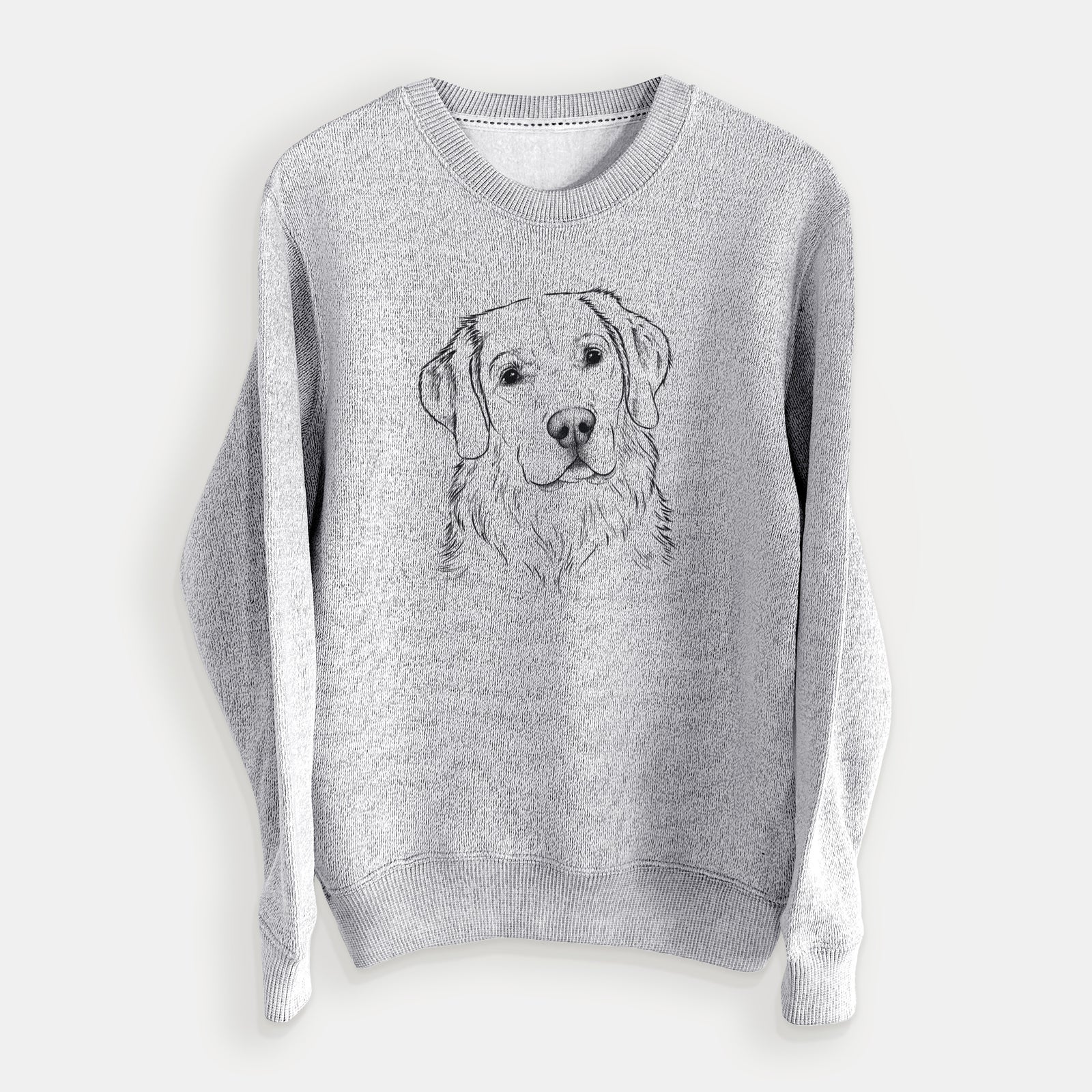 Hand-drawn sketch of Kula the Golden Retriever on a Salt Pepper knit sweatshirt