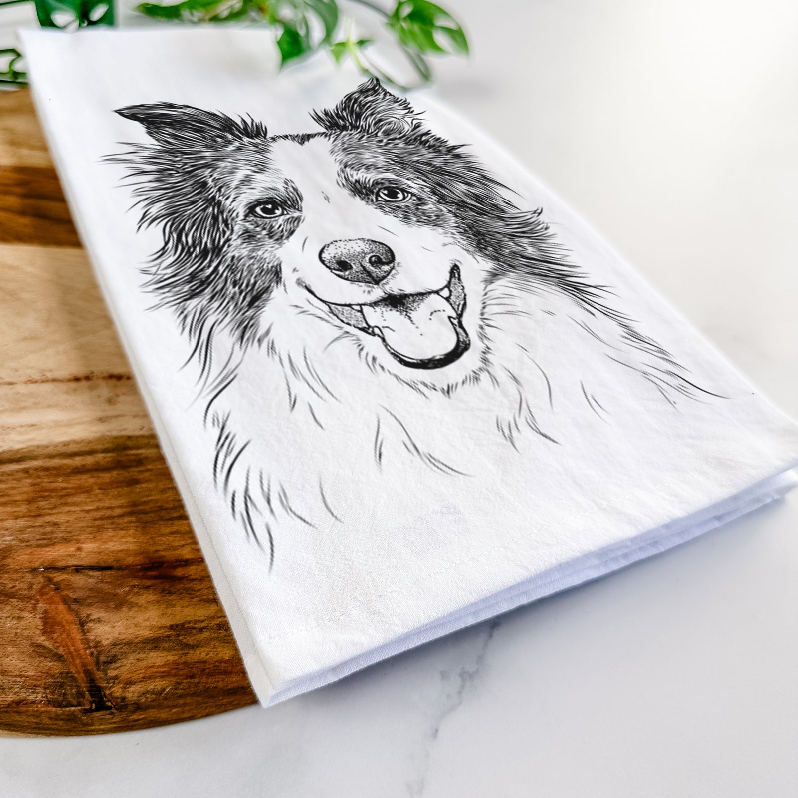 Hand-drawn sketch of Kylee the Border Collie on a tea towel