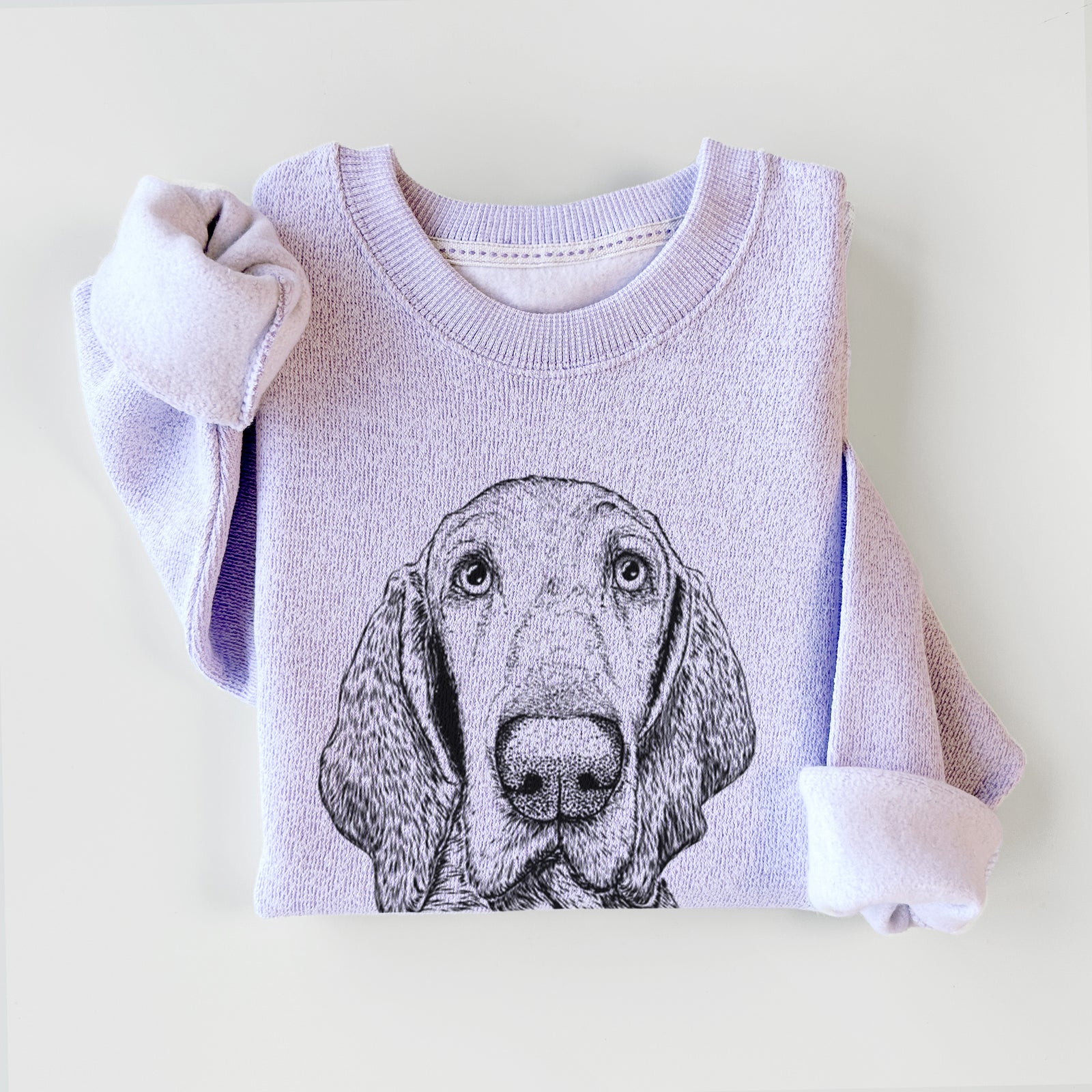Hand-drawn sketch of Kylie the Bracco Italiano on an Ice Purple knit sweatshirt