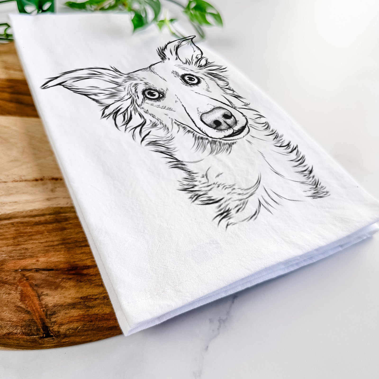Hand-drawn sketch of Kyu the Windsprite on a tea towel