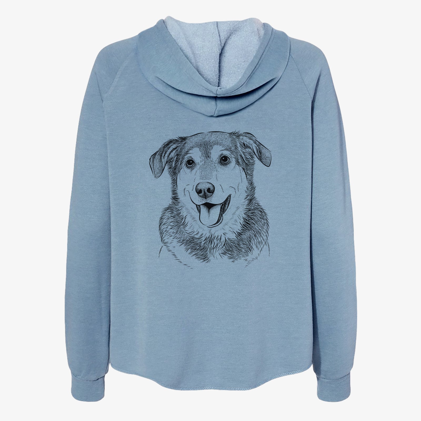 Hand-drawn sketch of Lance the Lab/Shepherd Mix on a Misty Blue Women's cali wave zip-up sweatshirt