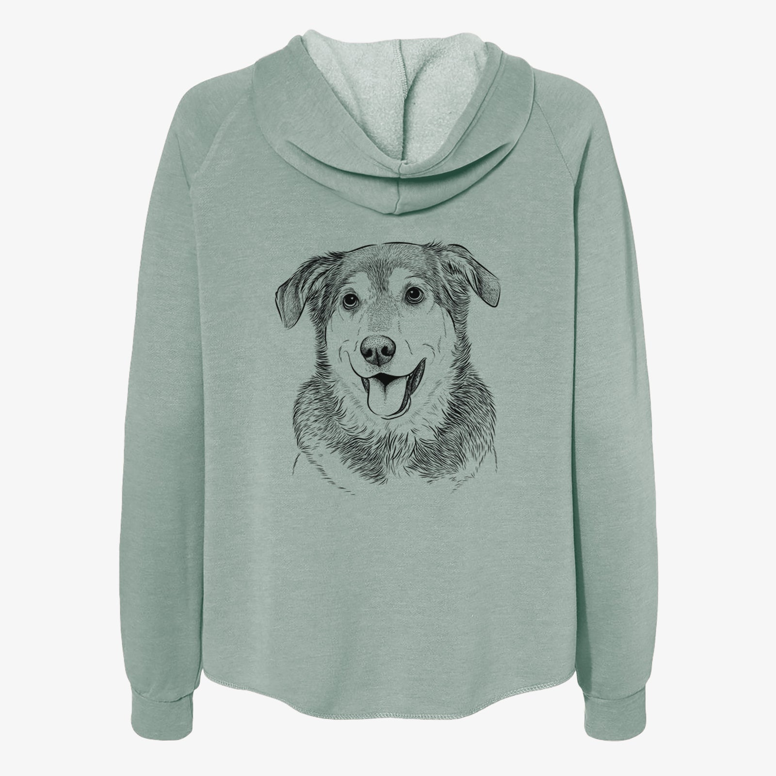 Hand-drawn sketch of Lance the Lab/Shepherd Mix on a Sage Women's cali wave zip-up sweatshirt