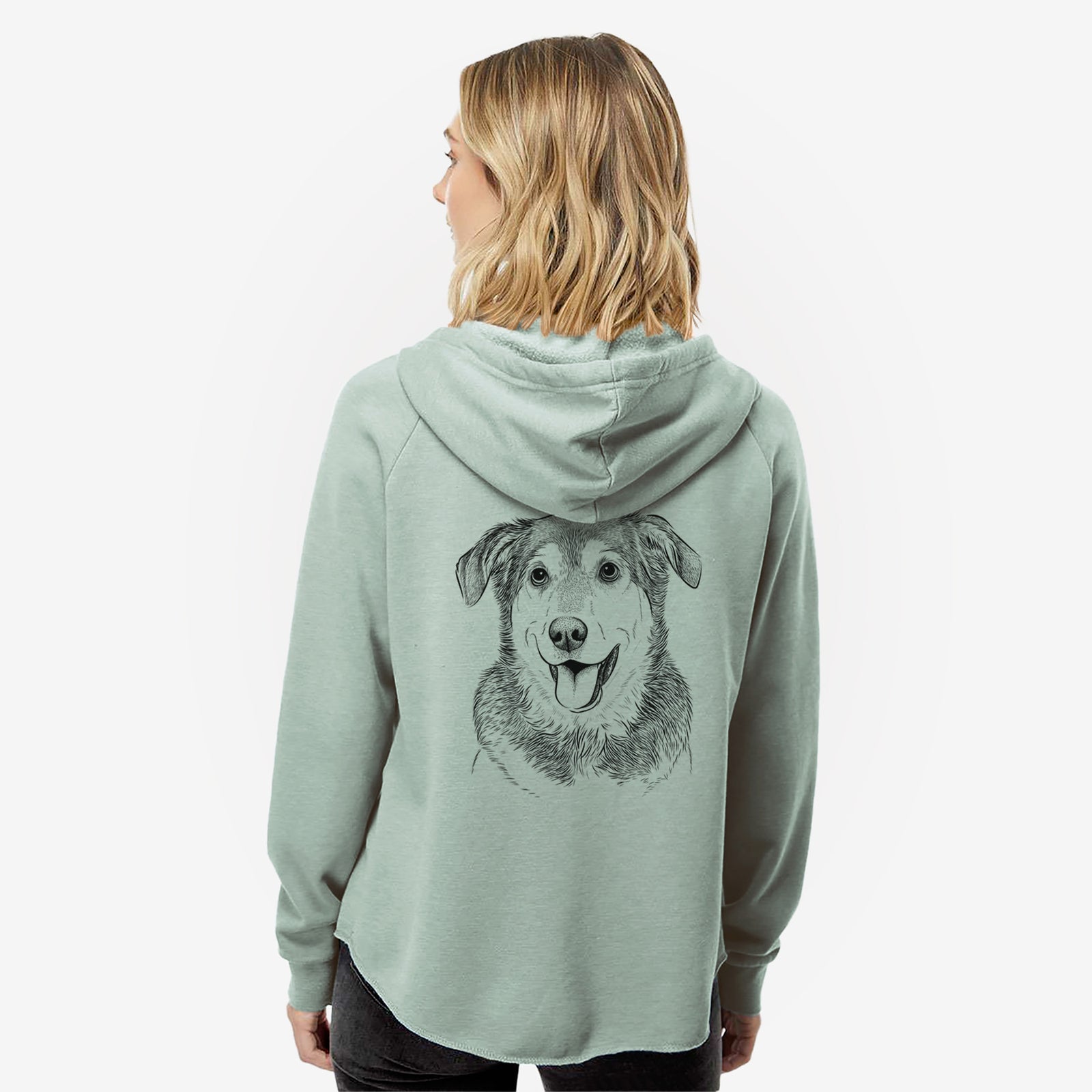 Hand-drawn sketch of Lance the Lab/Shepherd Mix on a Sage Women's cali wave zip-up sweatshirt