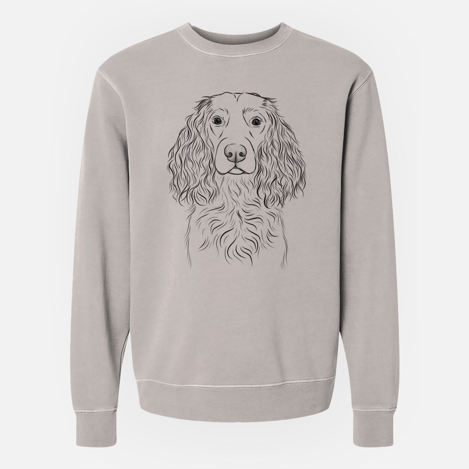 Hand-drawn sketch of Landry the Boykin Spaniel on a Cement Unisex pigment dyed crew sweatshirt