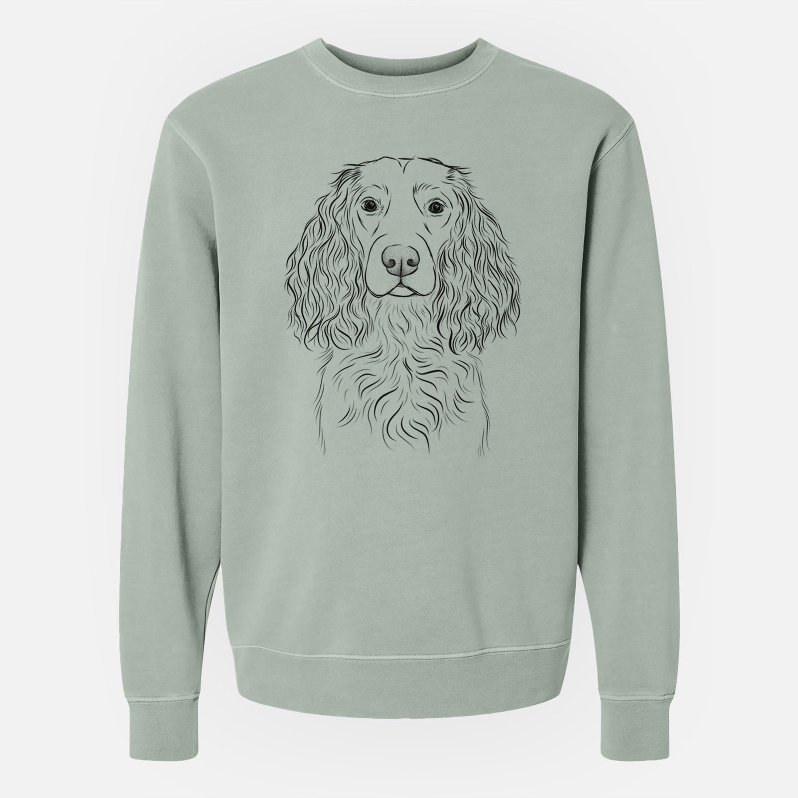 Hand-drawn sketch of Landry the Boykin Spaniel on a Sage Unisex pigment dyed crew sweatshirt