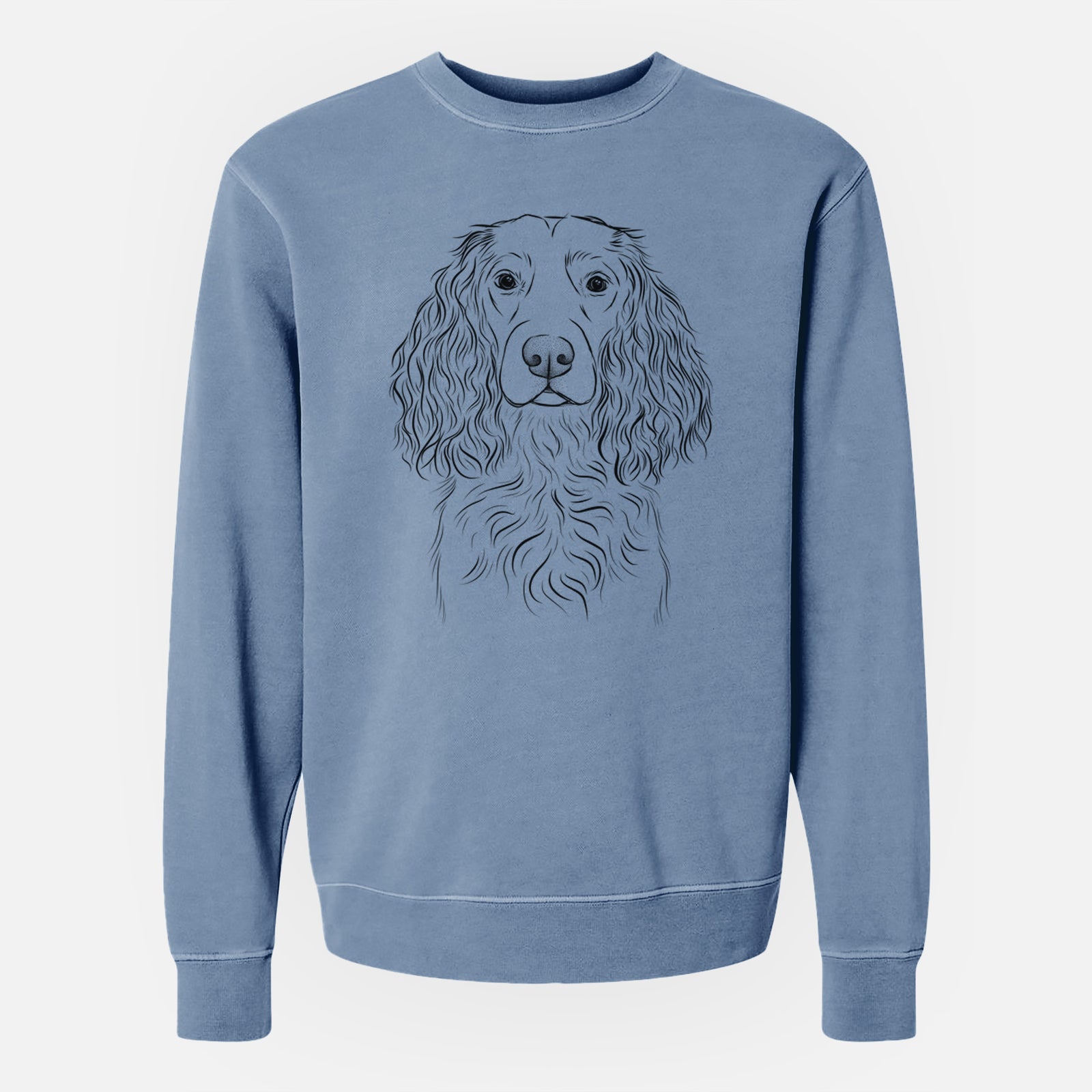 Hand-drawn sketch of Landry the Boykin Spaniel on a Slate Blue Unisex pigment dyed crew sweatshirt