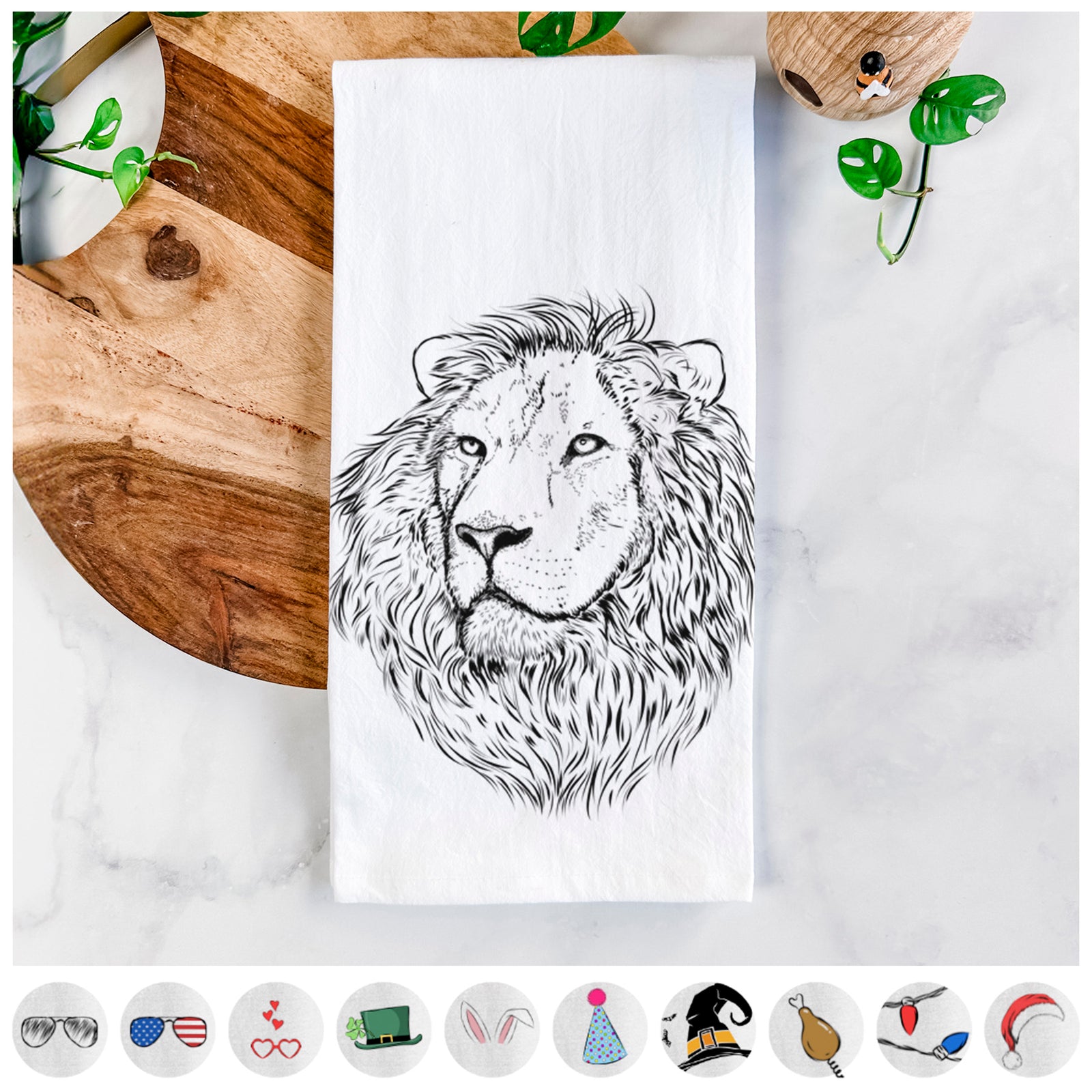 Hand-drawn sketch of Lenny the Lion on a tea towel, shown with icons of the other available costume styles