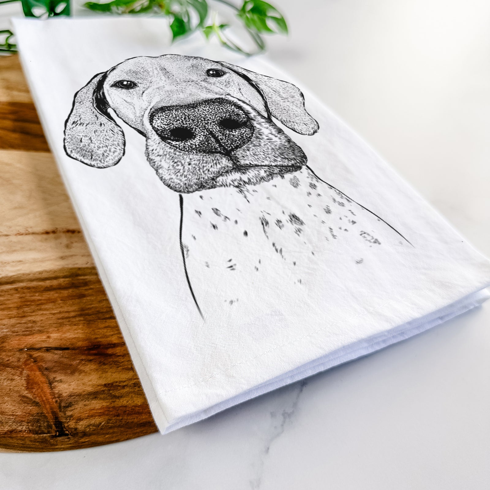Hand-drawn sketch of Leroy the German Shorthaired Pointer on a tea towel