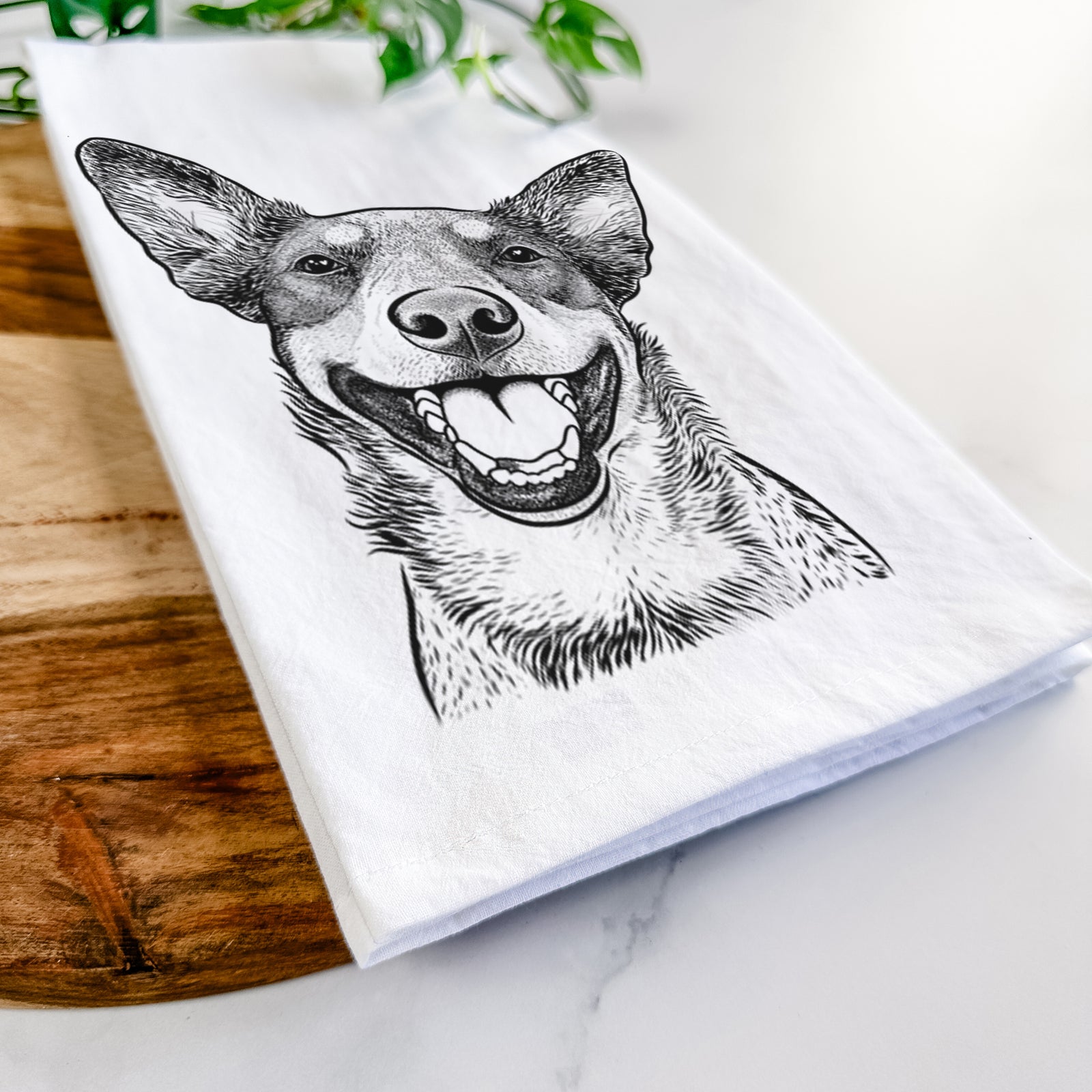 Hand-drawn sketch of Lily the Australian Cattle Dog on a tea towel