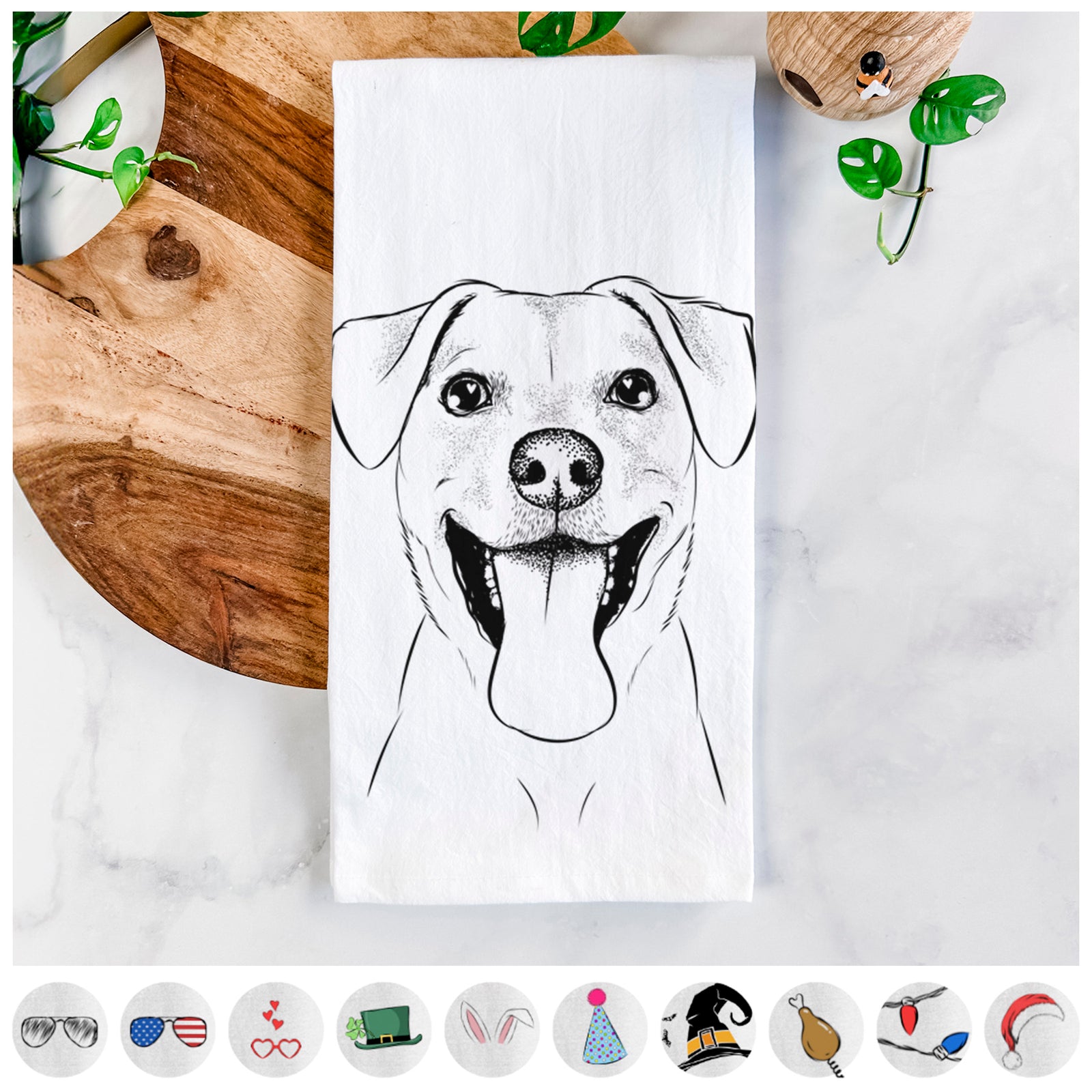 Hand-drawn sketch of Lily Estelle the Mixed Breed on a tea towel, shown with icons of the other available costume styles