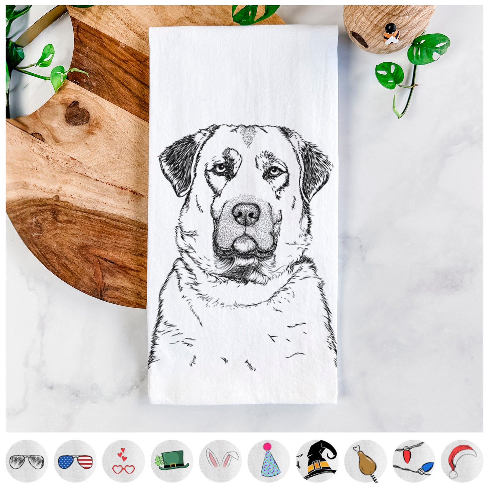 Hand-drawn sketch of Loca the Anatolian Shepherd on a tea towel, shown with icons of the other available costume styles